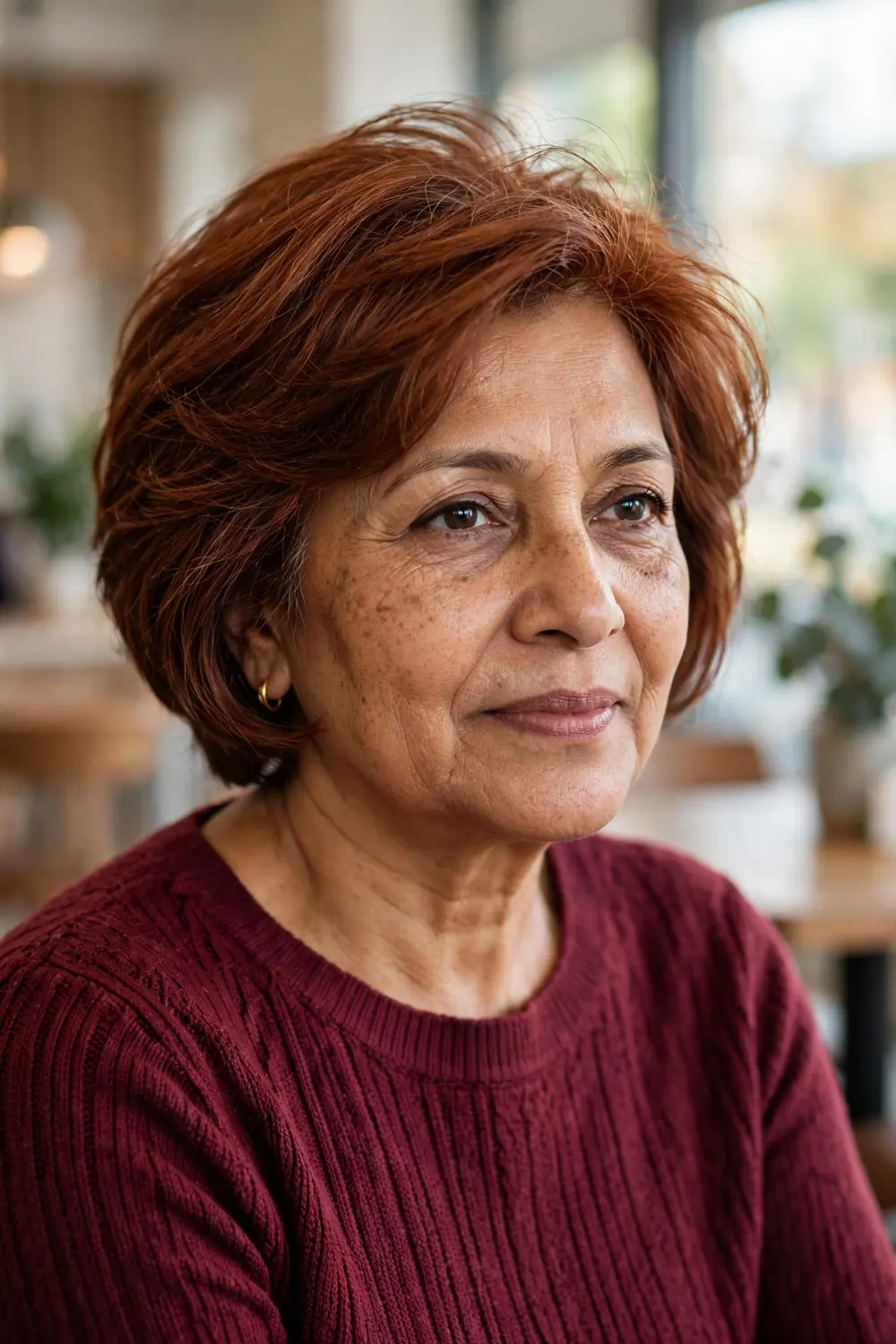 Woman over 50 with a stacked bob featuring rounded back layers