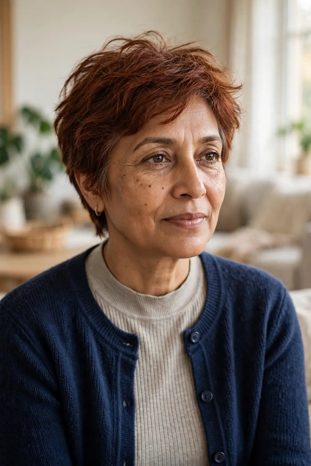 Woman over 50 with a tousled pixie featuring piecey texture