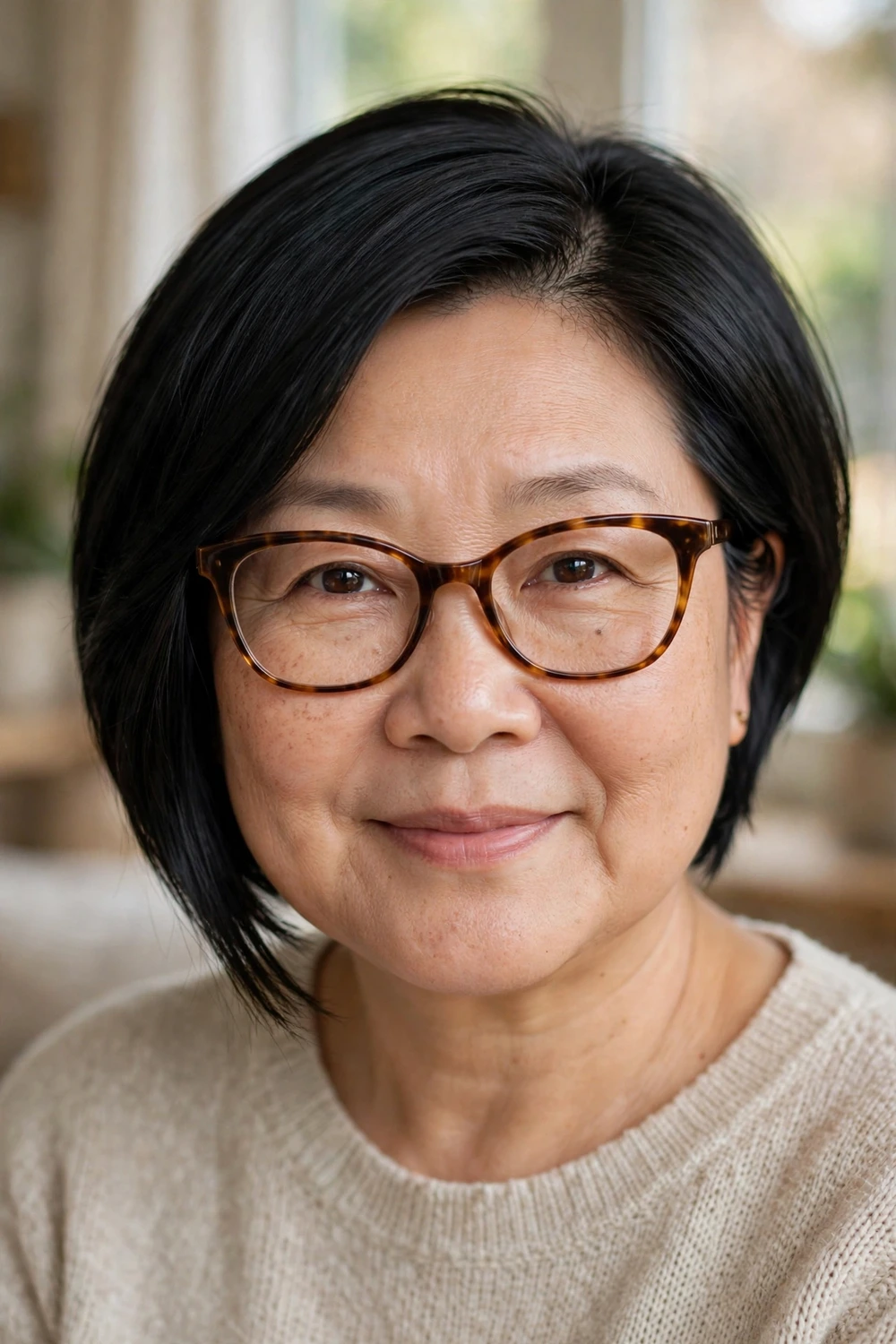 Woman over 50 with glasses wearing a short angled bob with a side part