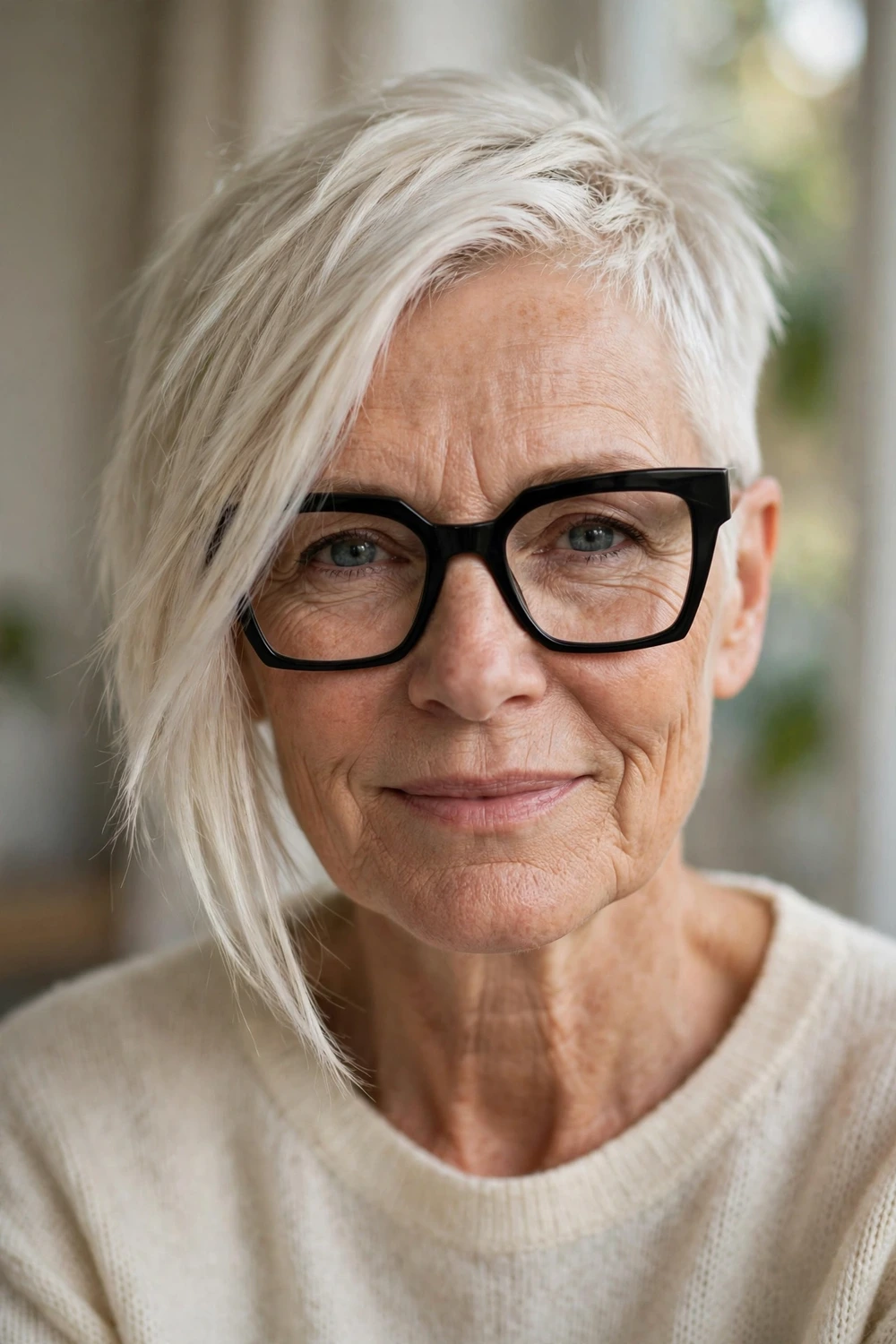Woman over 50 with glasses wearing an asymmetric pixie
