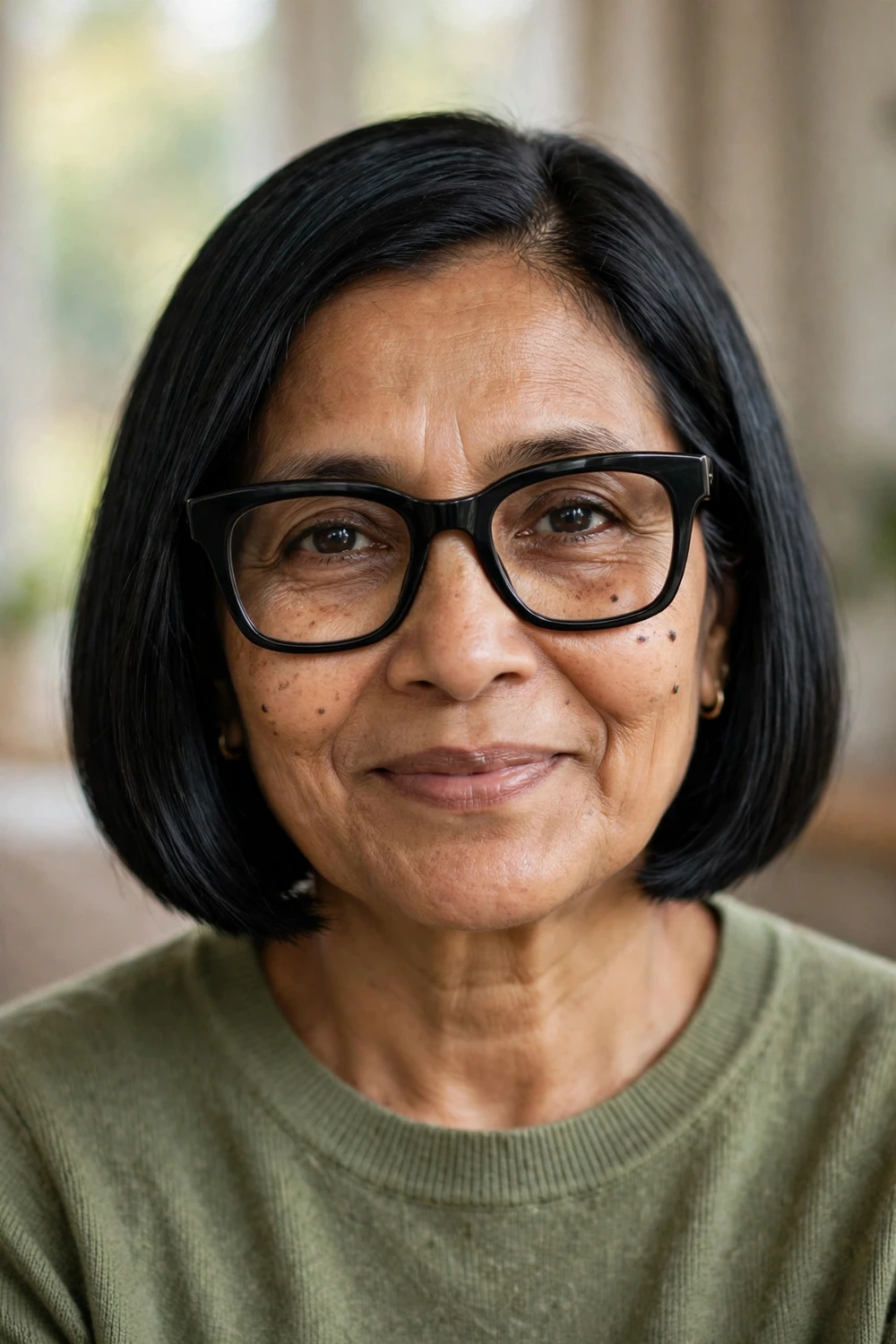 Woman over 50 with bold glasses frames wearing a blunt bob