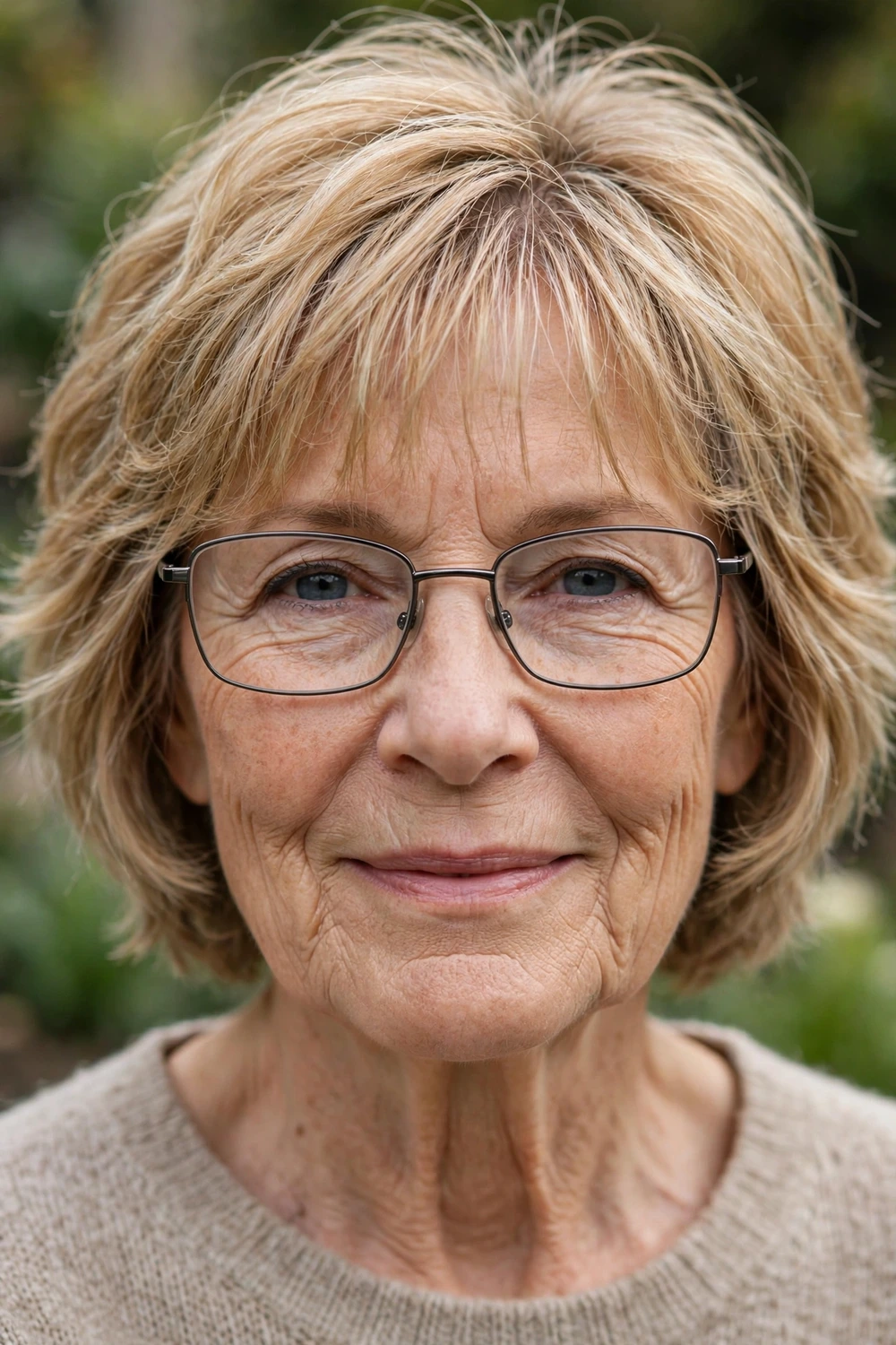 Woman over 50 with glasses wearing a chin-length bob