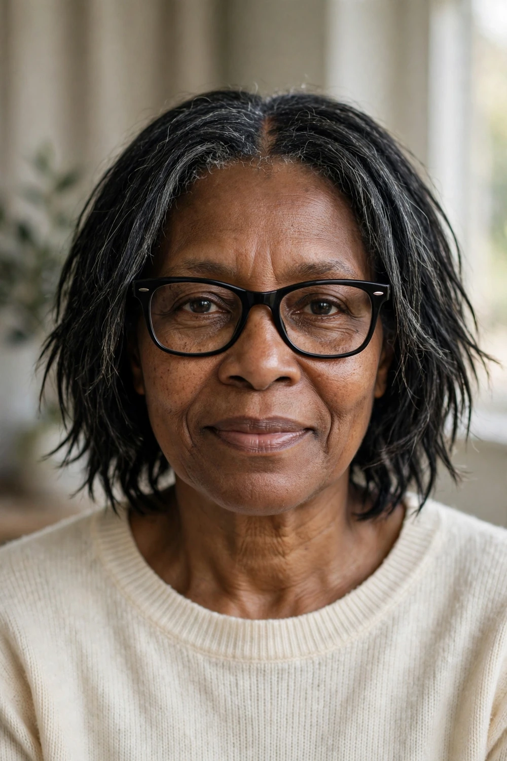 Woman over 50 with glasses wearing a neck-length choppy haircut with a center part