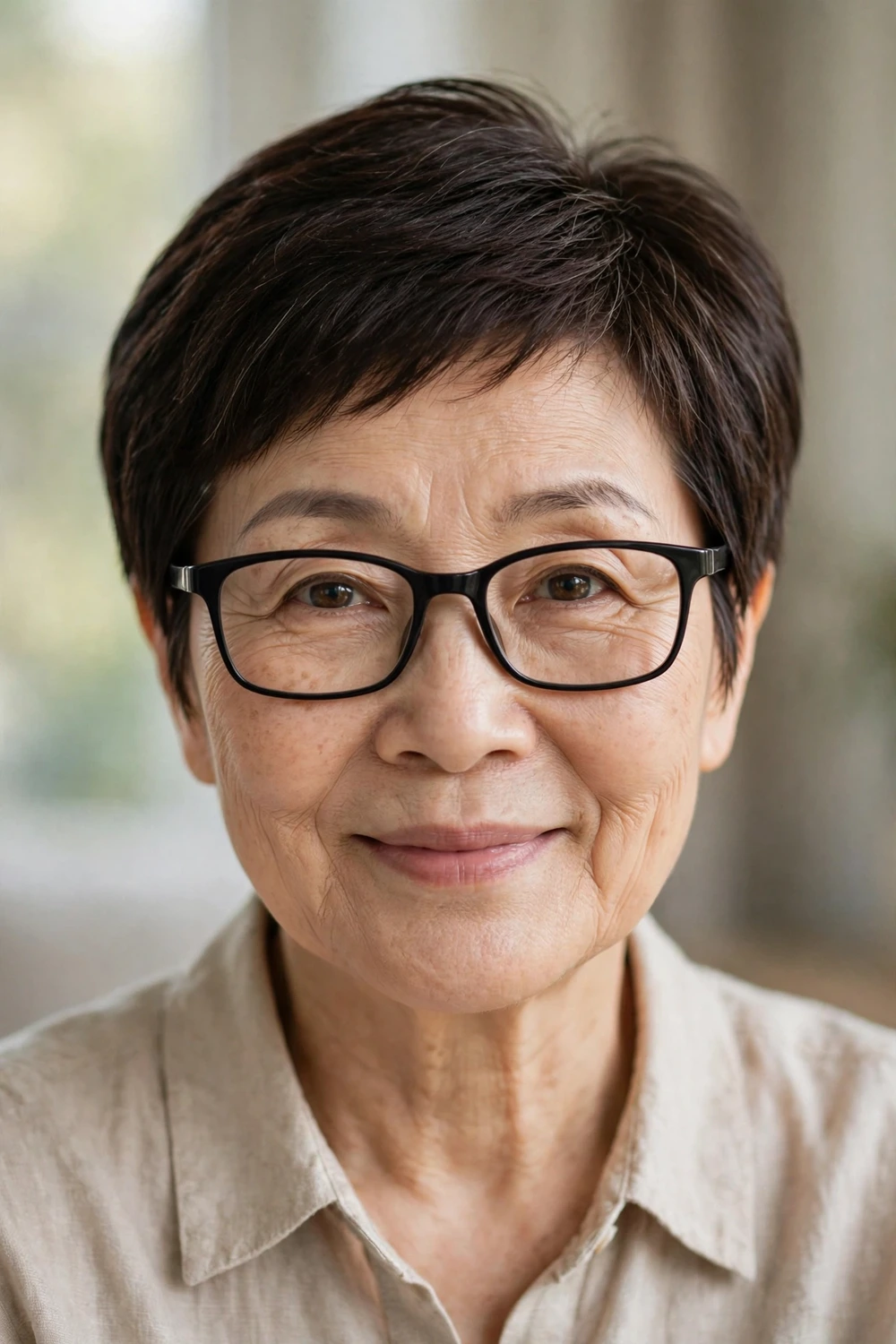 Woman over 50 with glasses wearing a classic pixie cut with black frames