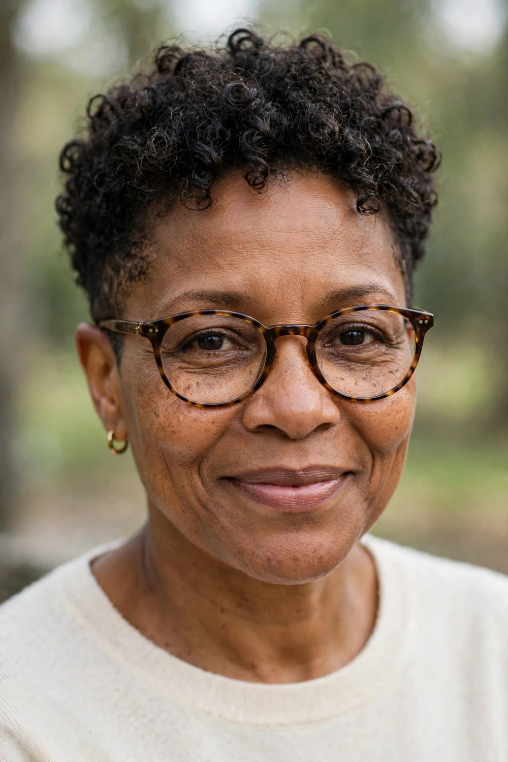 Woman over 50 with glasses wearing a curly short cut with natural texture