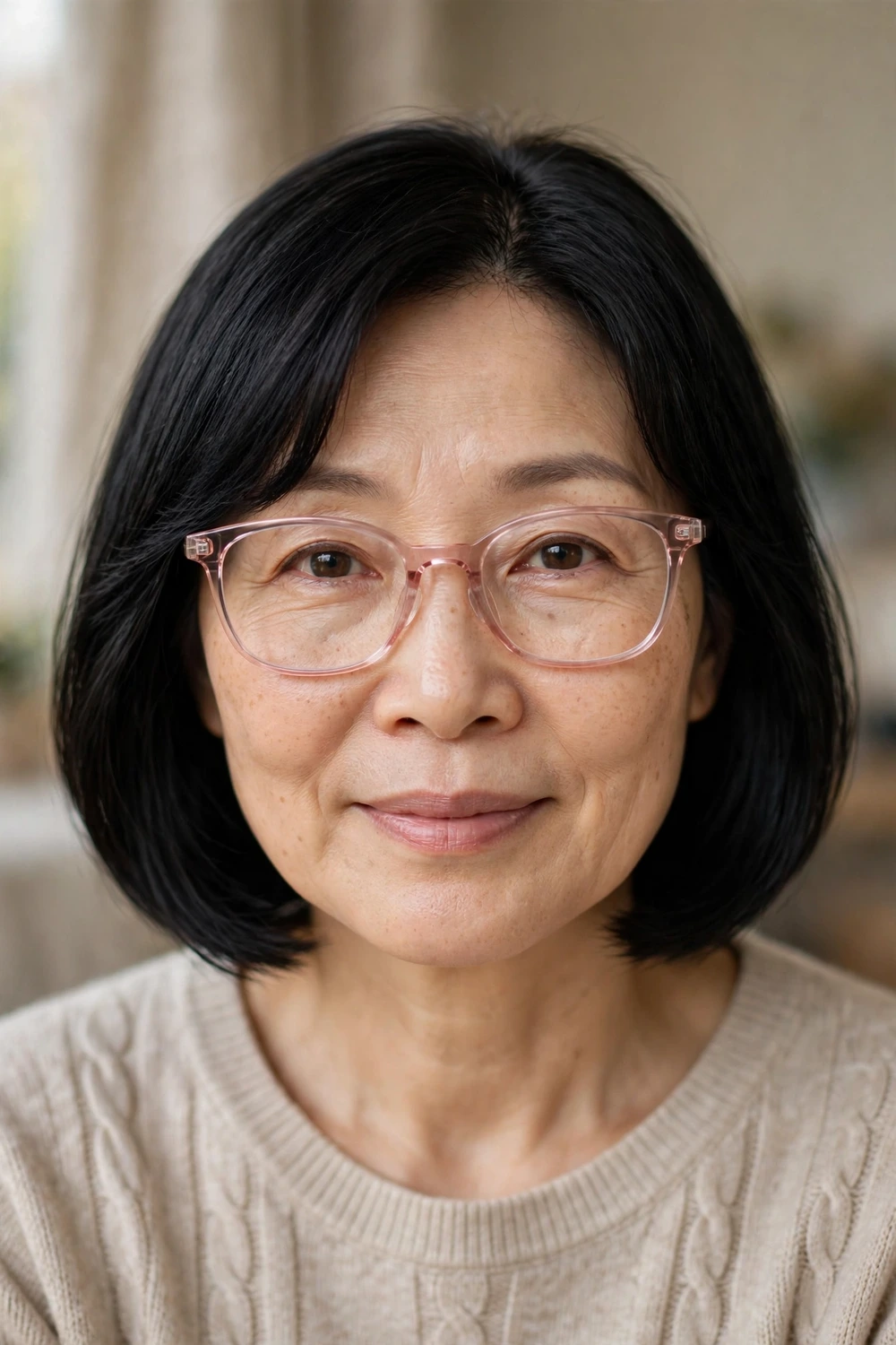 Woman over 50 with glasses wearing a bob with curtain bangs
