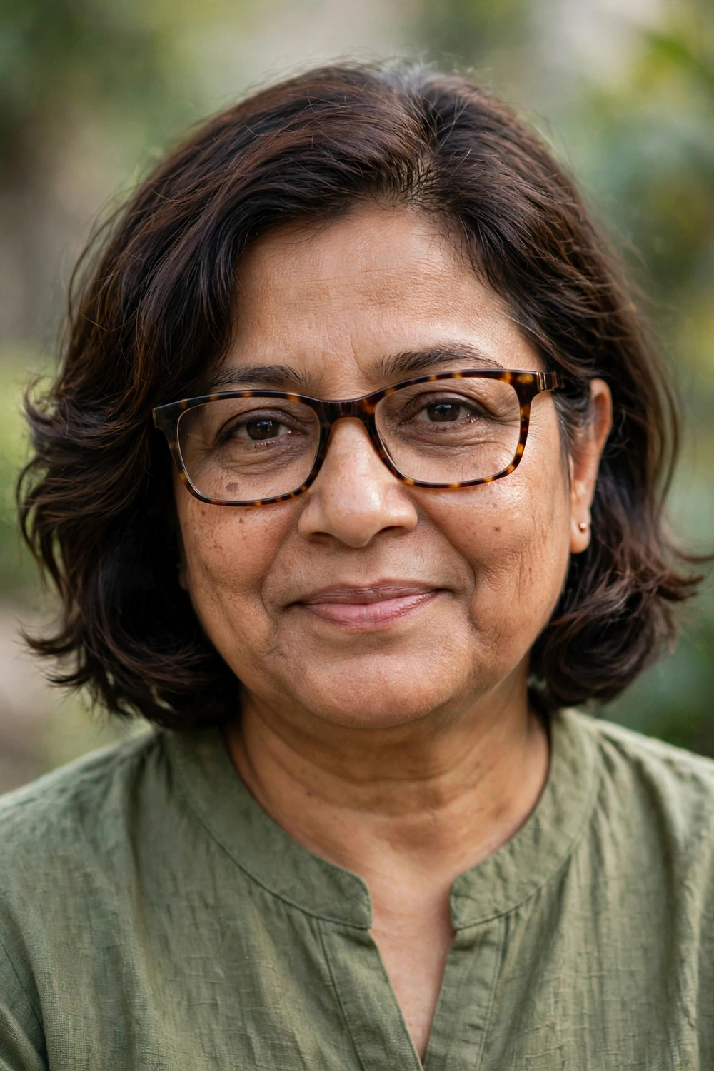 Woman over 50 with glasses wearing a textured bob with feathered layers