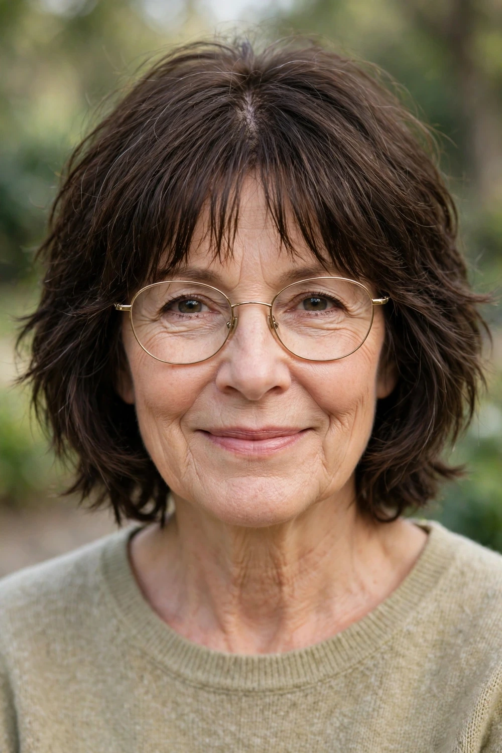 Woman over 50 with glasses wearing a shaggy French bob