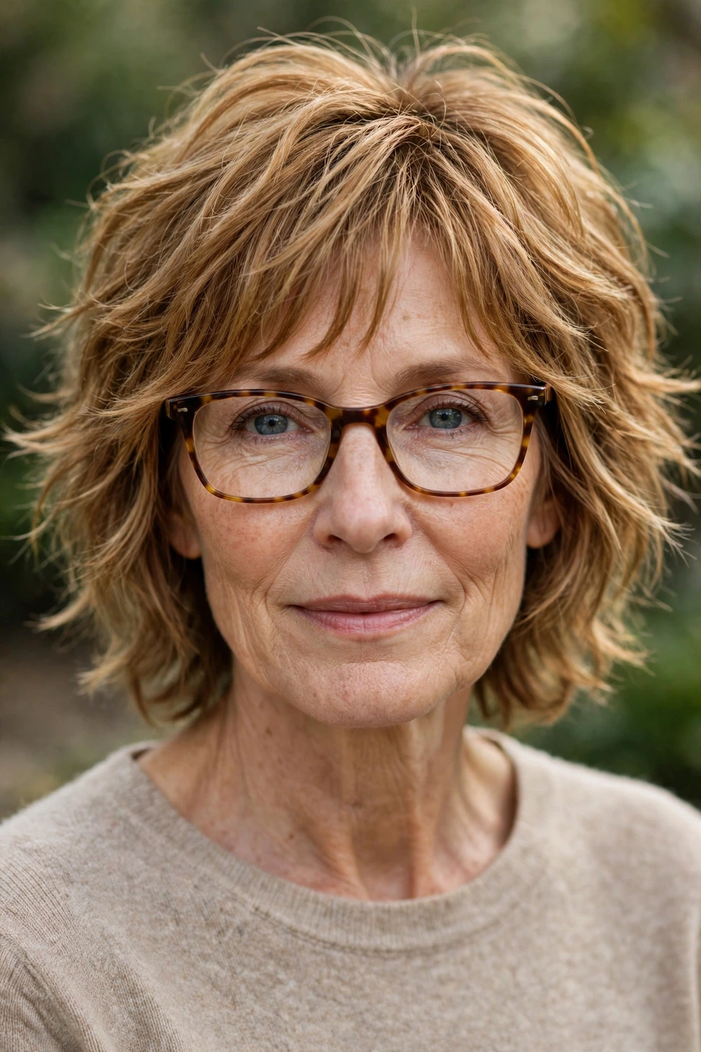 Woman over 50 with glasses wearing golden brown shaggy layers