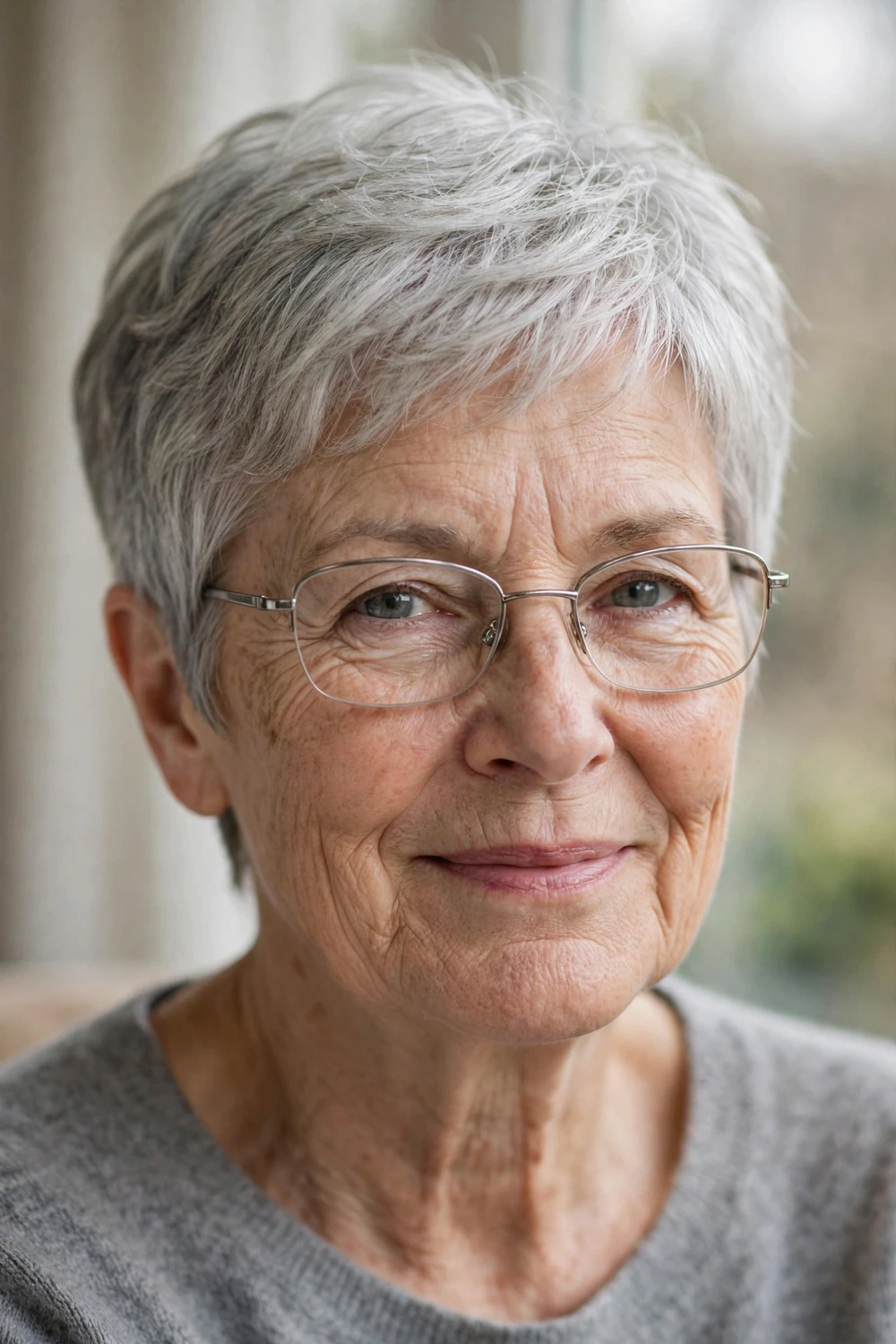 Woman over 50 with silver glasses frames wearing a gray pixie