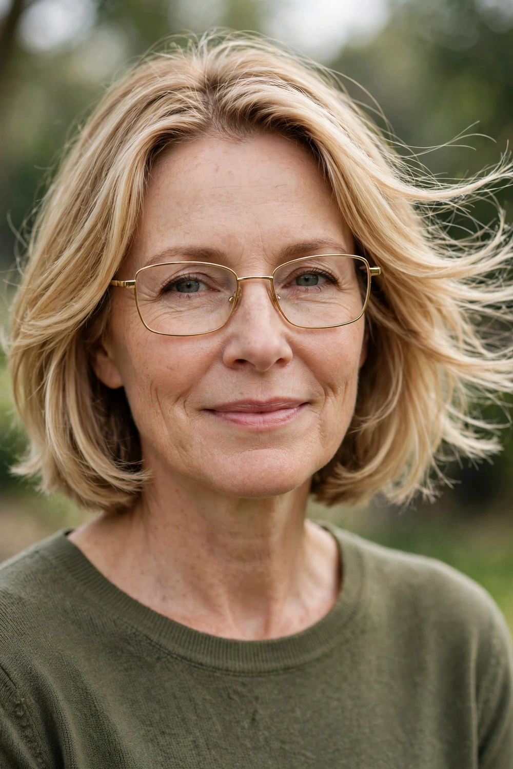 Woman over 50 with glasses wearing a feathered bob with honey blonde color
