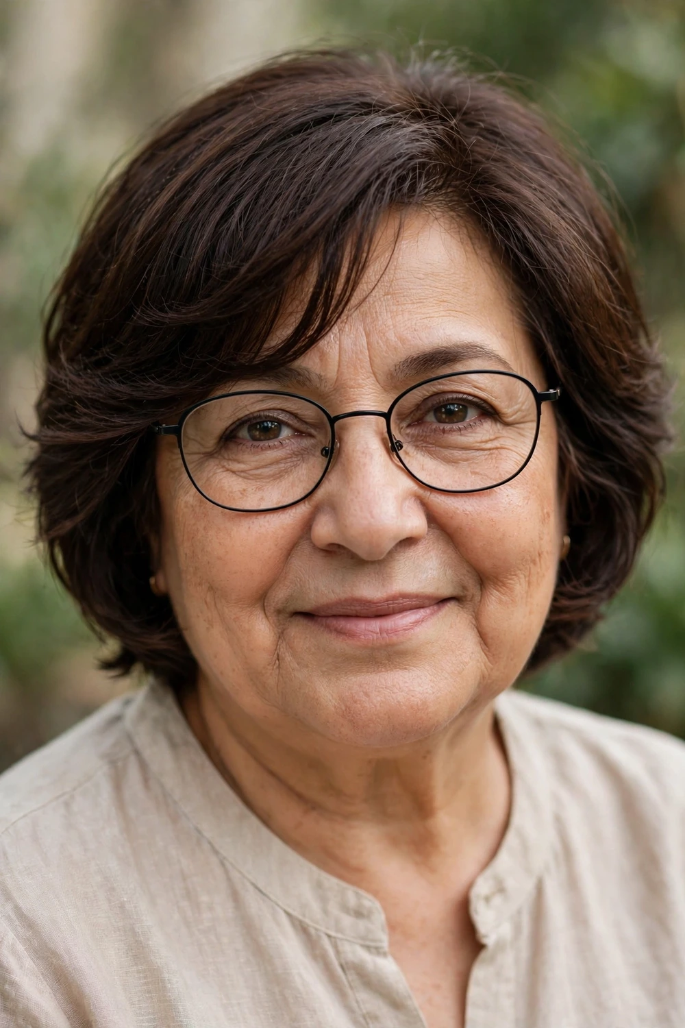 Woman over 50 with glasses wearing a hush cut with face-framing layers