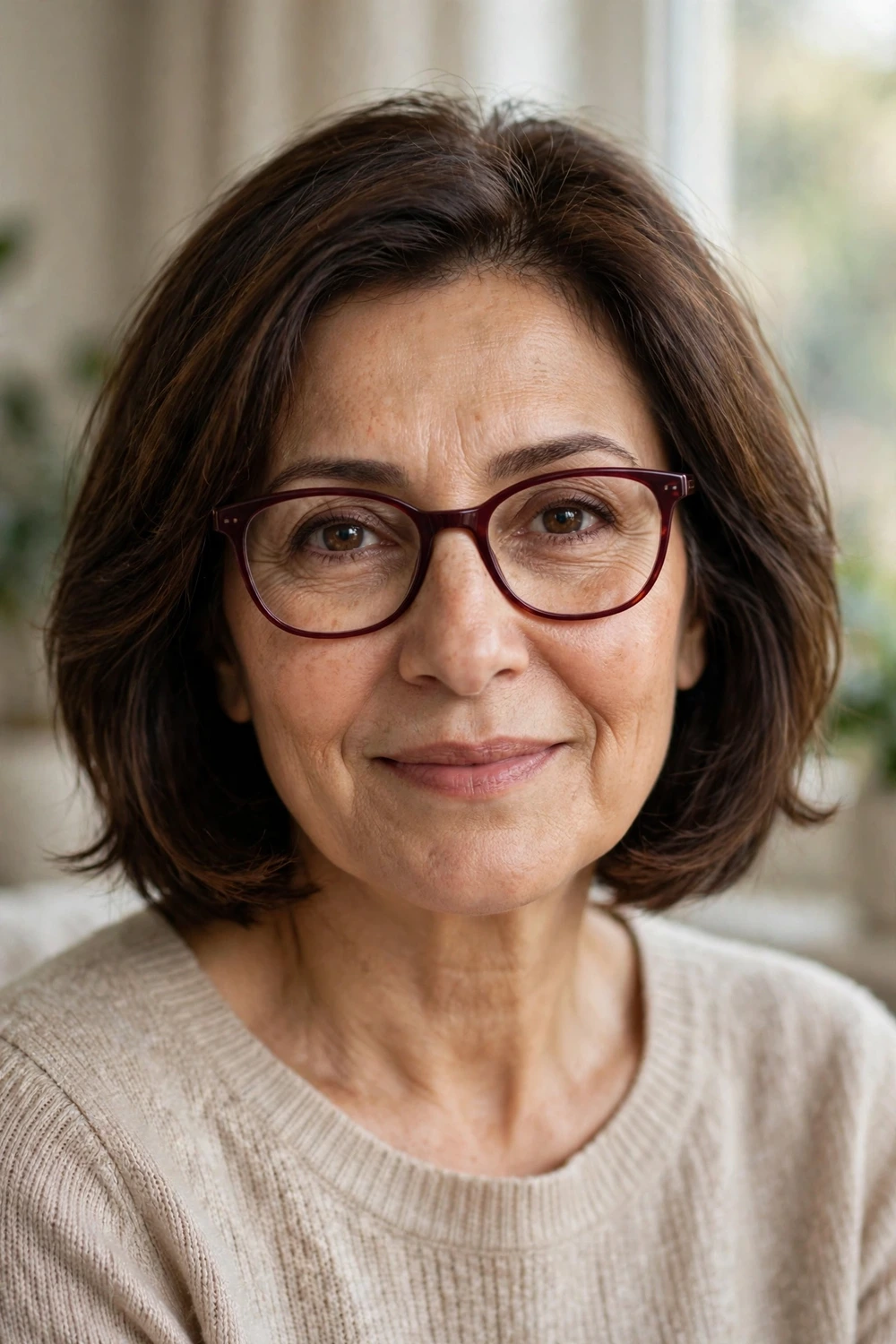 Woman over 50 with glasses wearing a layered bob