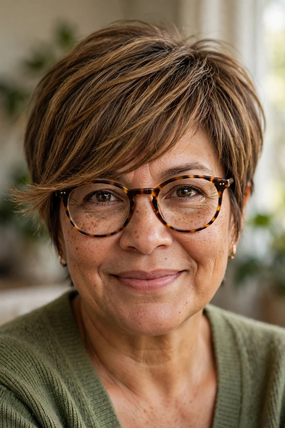 Woman over 50 with glasses wearing a layered pixie with side-swept bangs