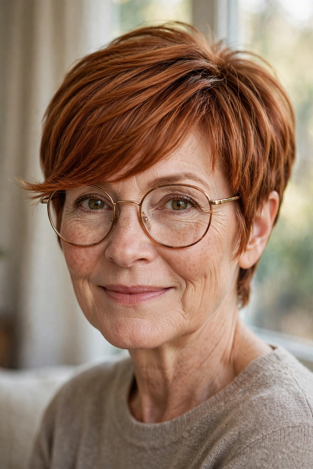 Woman over 50 with round glasses frames wearing a pixie with long bangs