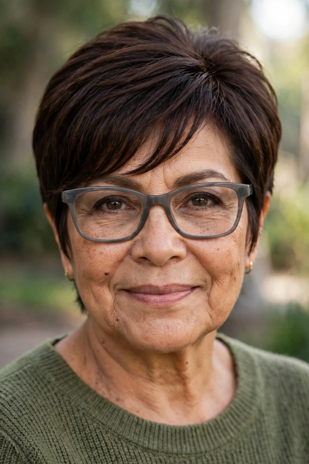 Woman over 50 with glasses wearing a tapered pixie bob with long side bangs