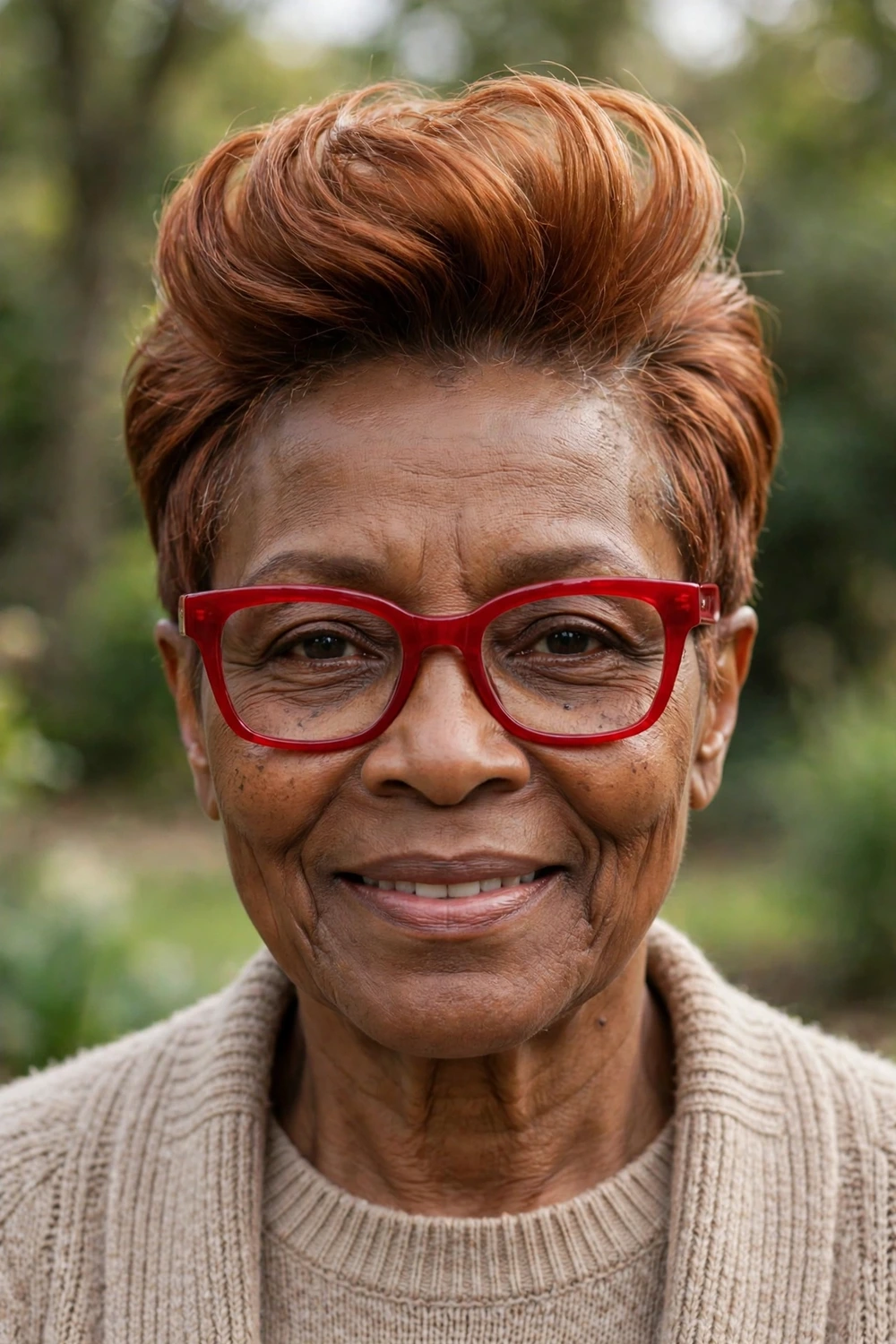 Woman over 50 with bold colored glasses frames wearing a pixie with pompadour bangs