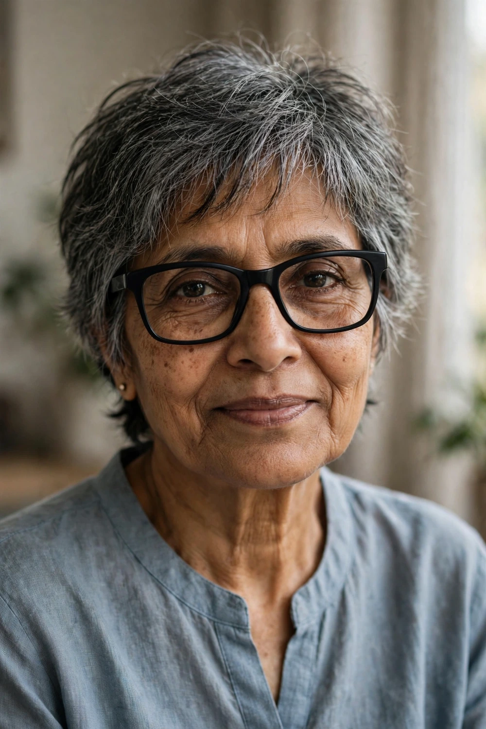 Woman over 50 with glasses wearing a short shag with salt-and-pepper gray hair