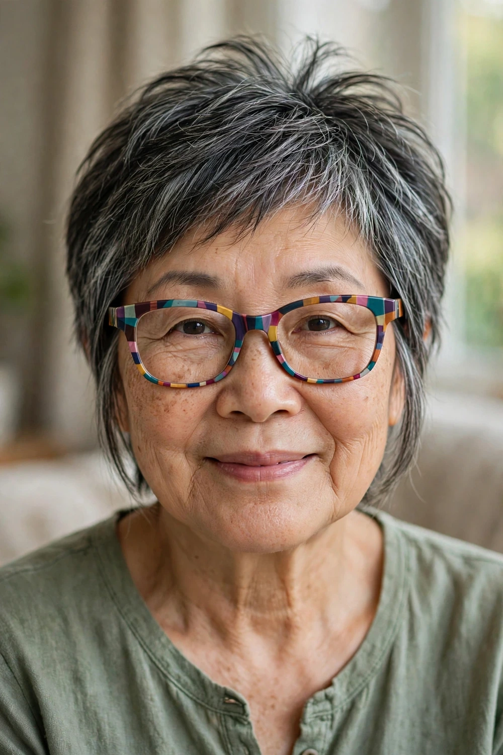 Woman over 50 with funky glasses frames wearing a pixie with long sideburns