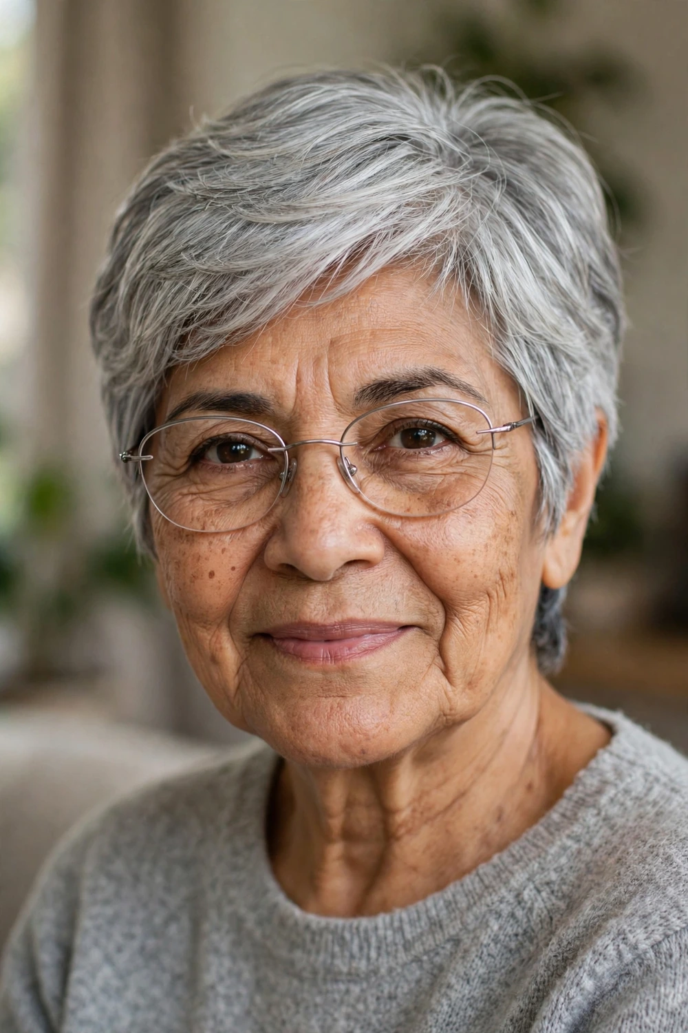Woman over 50 with glasses wearing a silver gray layered pixie