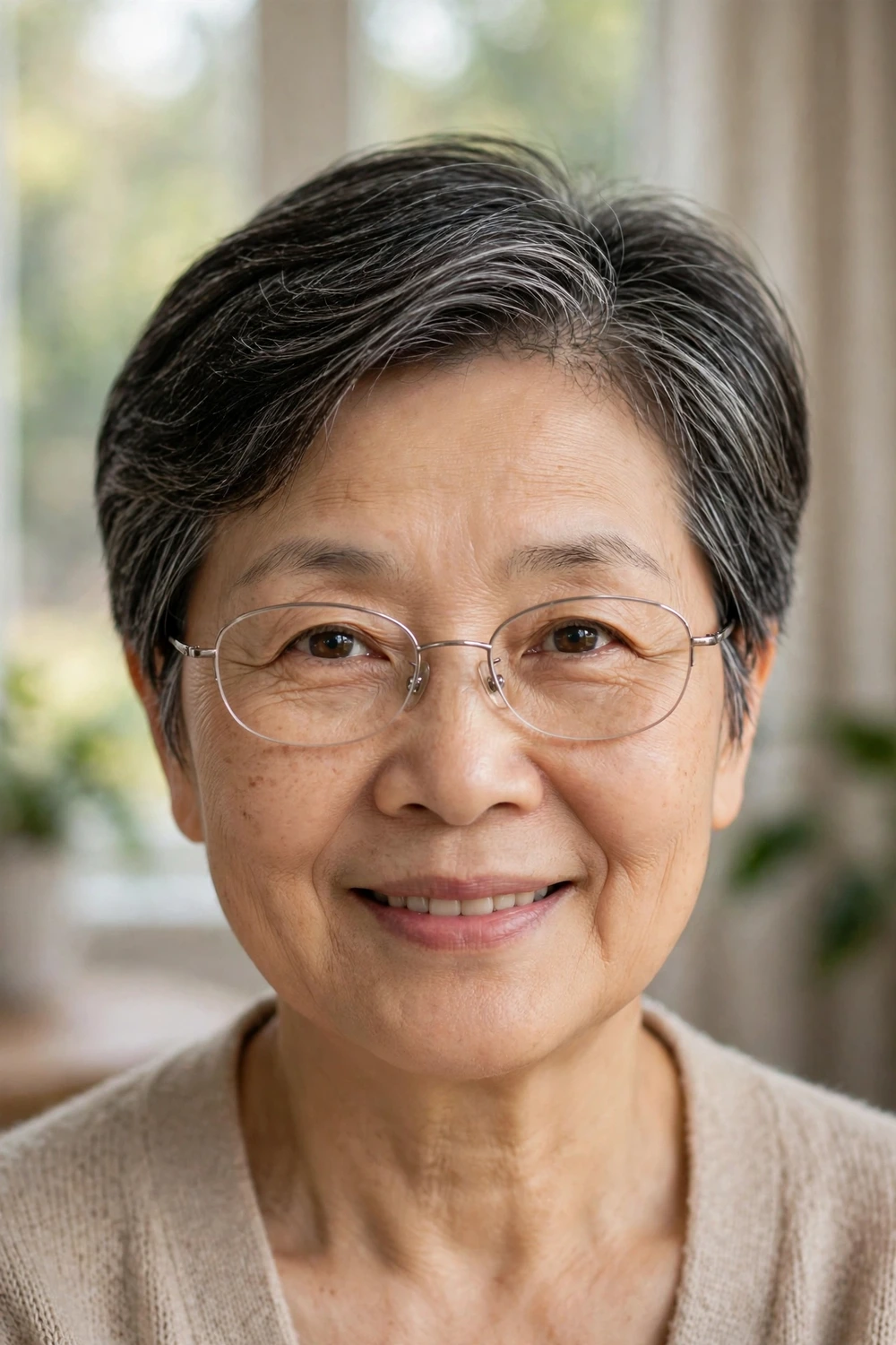 Woman over 50 with glasses wearing a soft crop with a side part