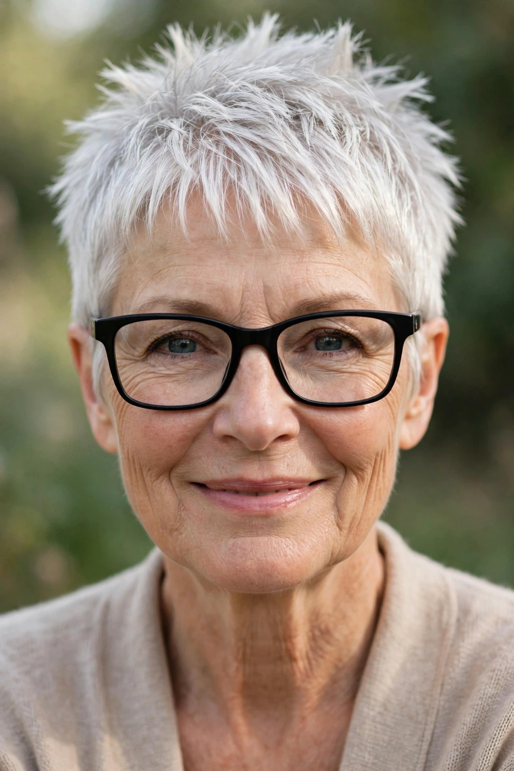 Woman over 50 with black glasses frames wearing a short spiky pixie