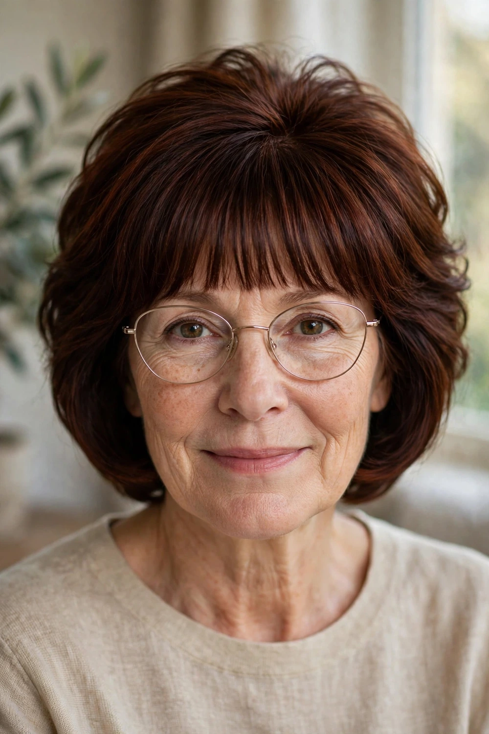Woman over 50 with thin teardrop glasses frames wearing a stacked bob with bangs