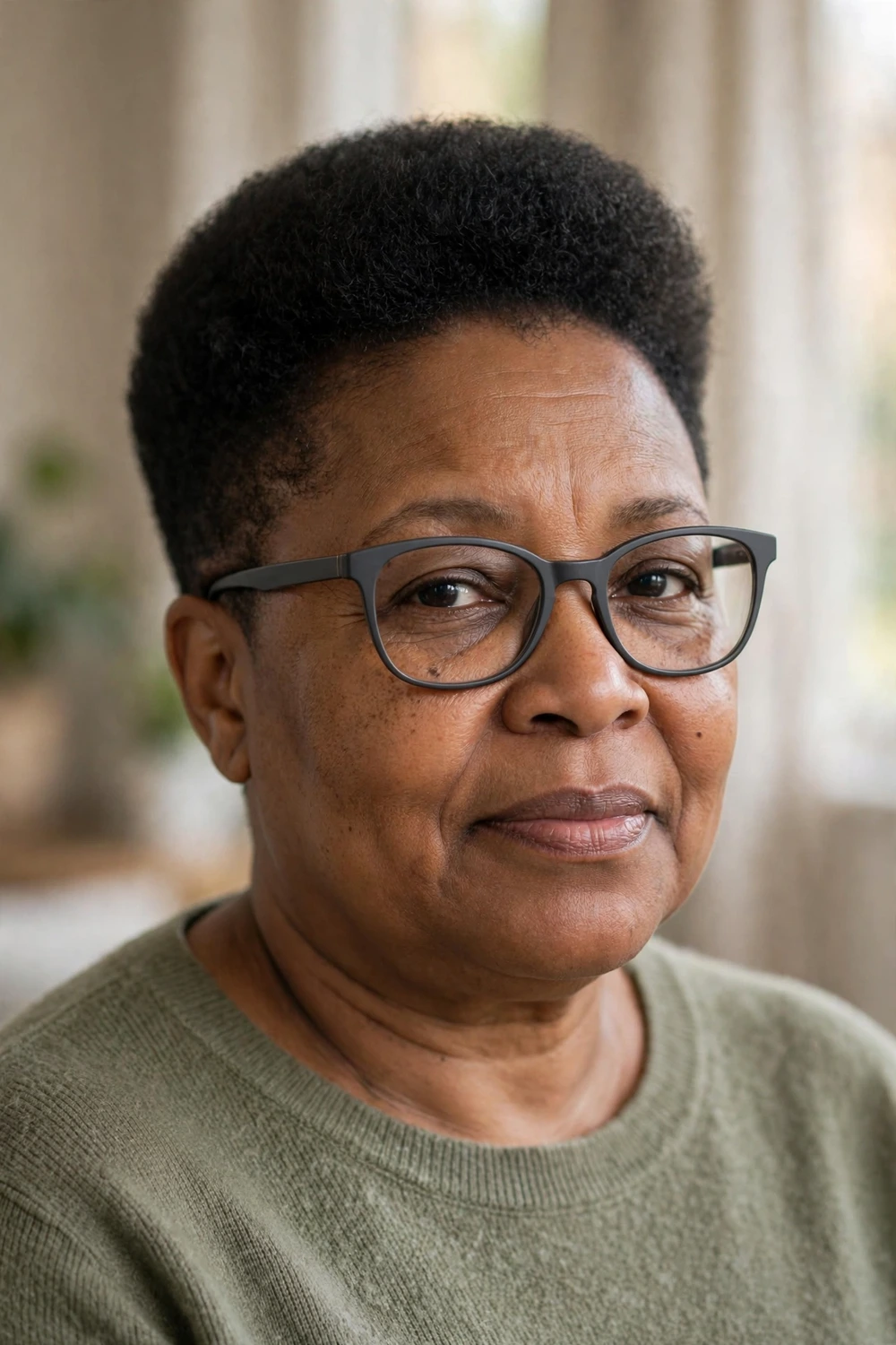 Woman over 50 with glasses wearing a tapered nape cut with crown volume