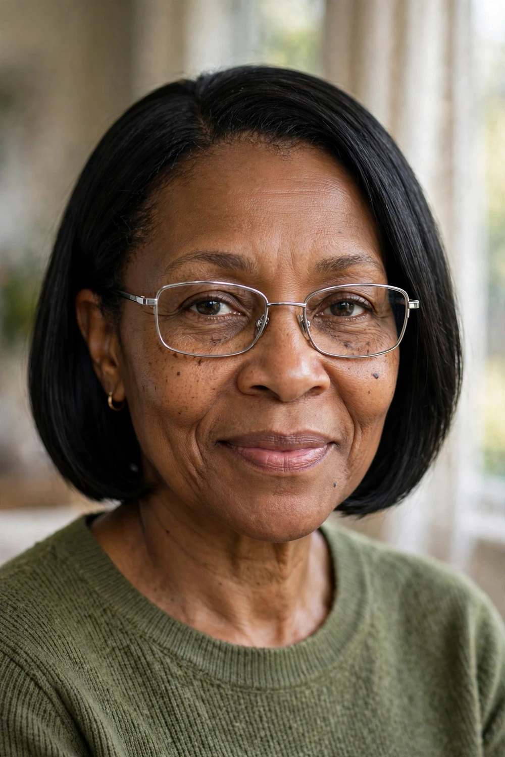 Woman over 50 with glasses wearing a textured bob with wispy bangs