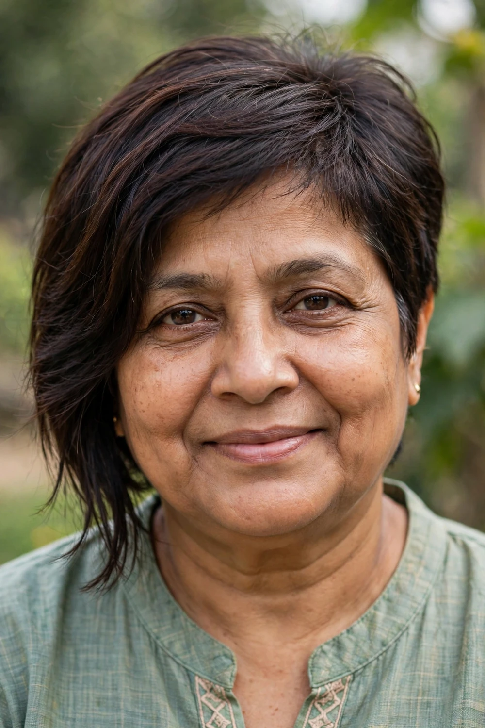 Woman over 50 with an asymmetrical pixie with uneven lengths