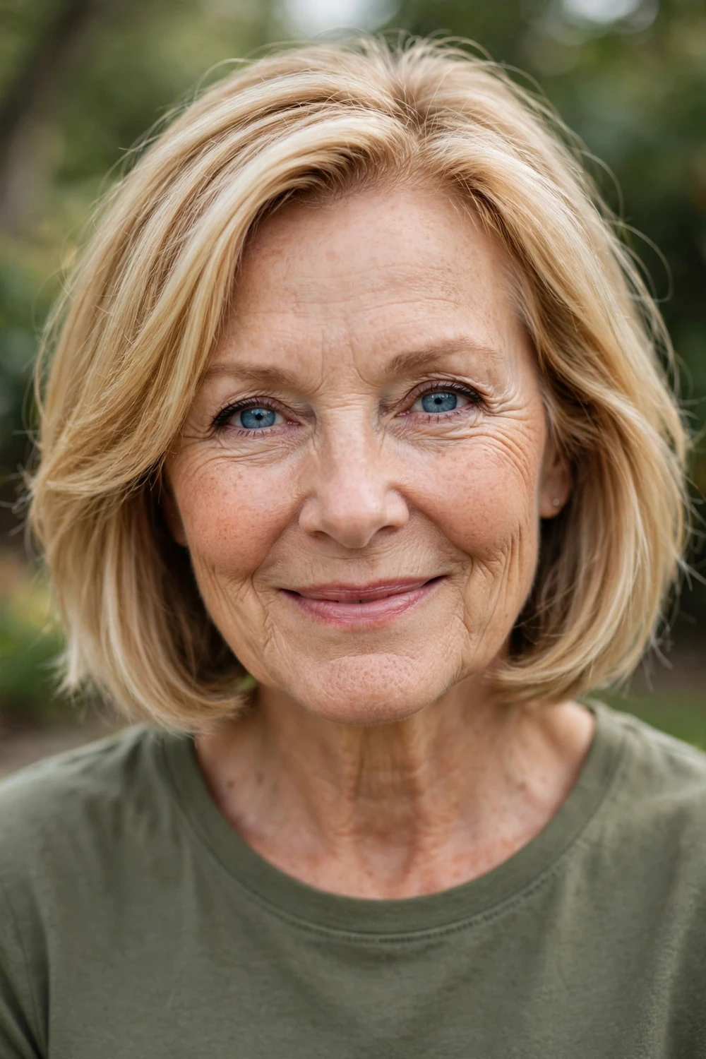 Woman over 50 with a blonde bob with subtle layers for thin hair
