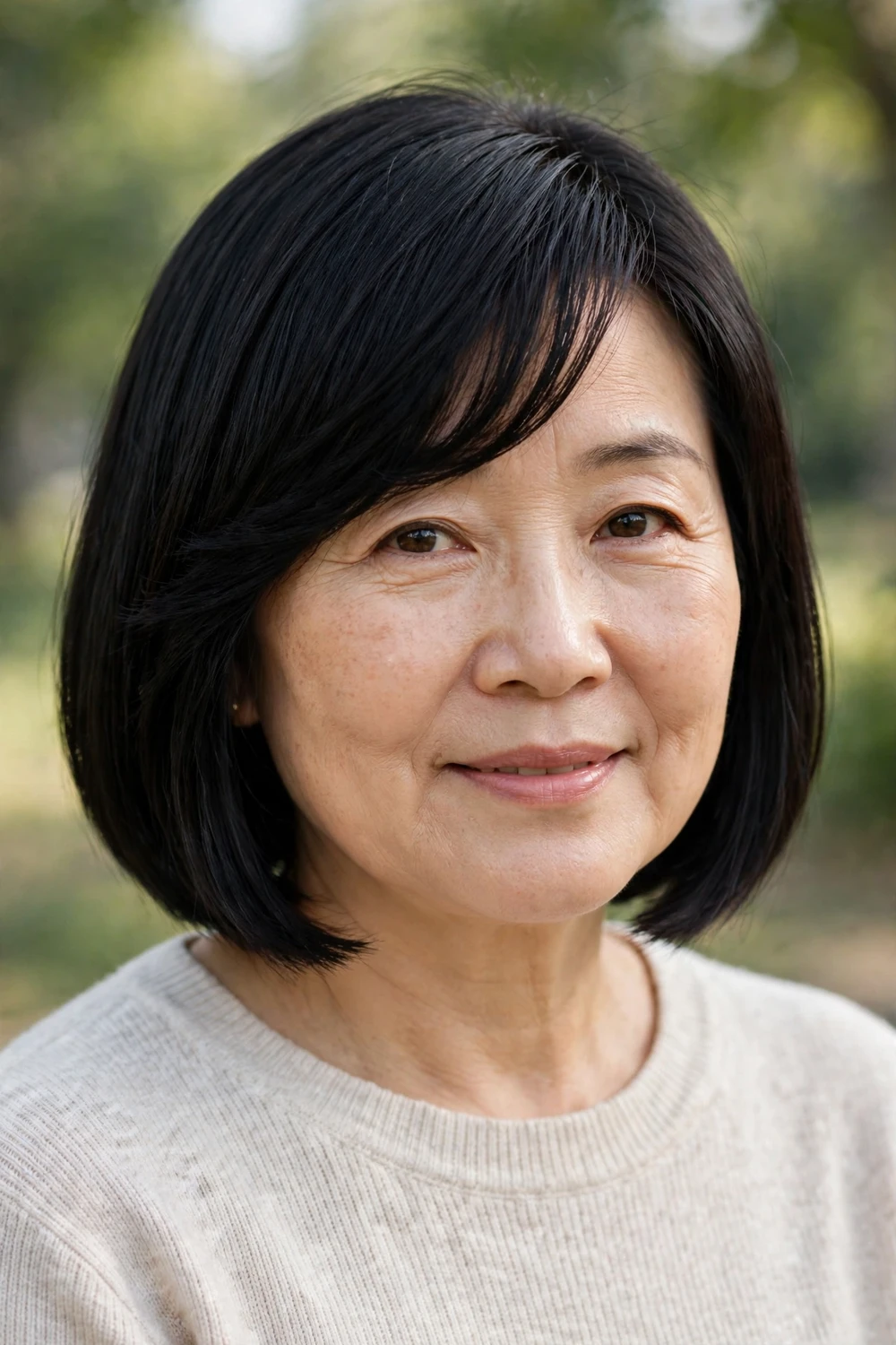 Woman over 50 with a blunt bob with side-swept bangs