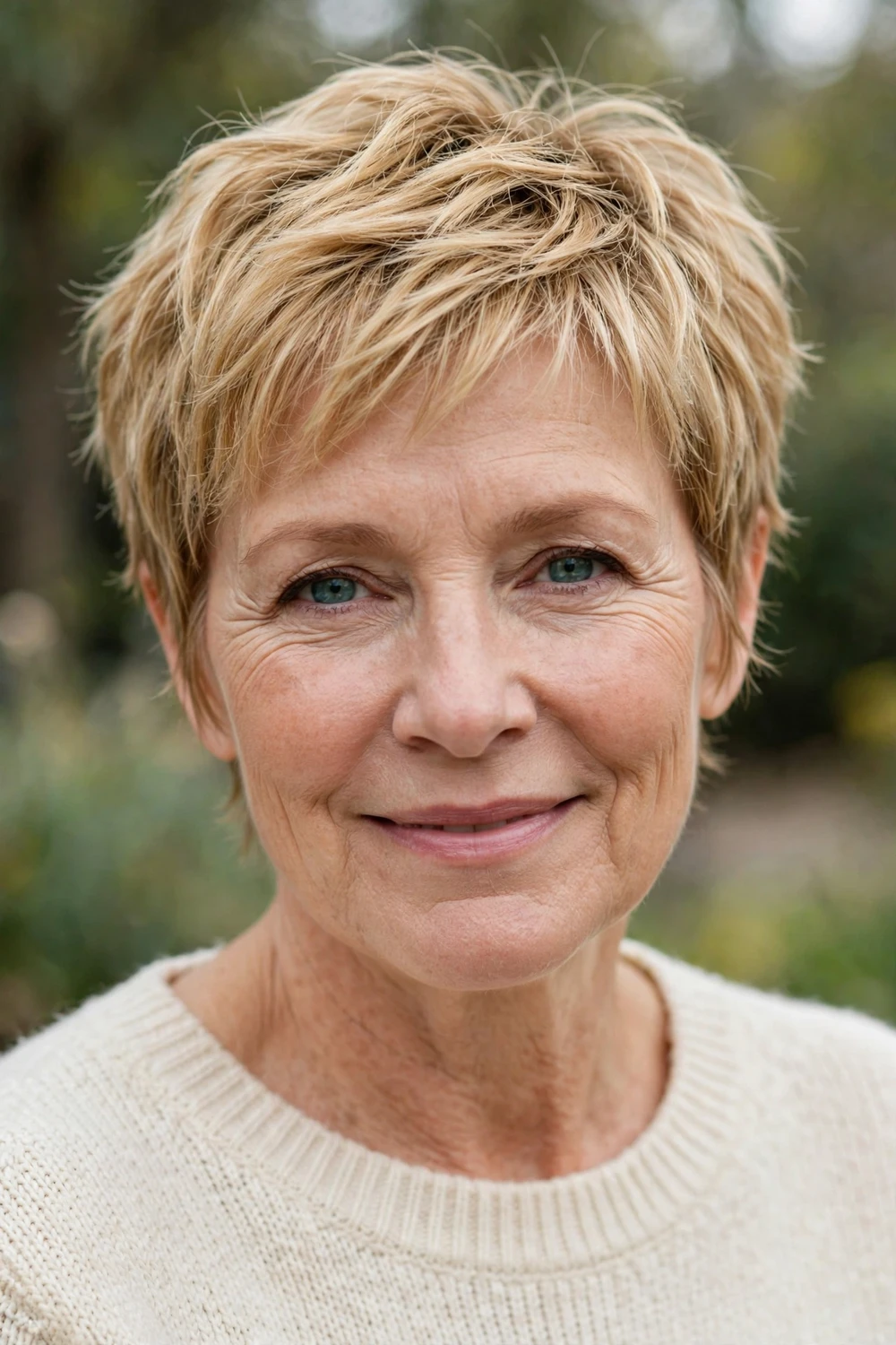 Woman over 50 with a choppy blonde pixie with piecey texture