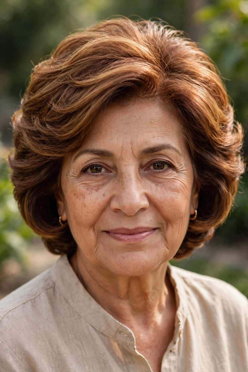 Woman over 50 with a cinnamon brown stacked bob with warm dimension