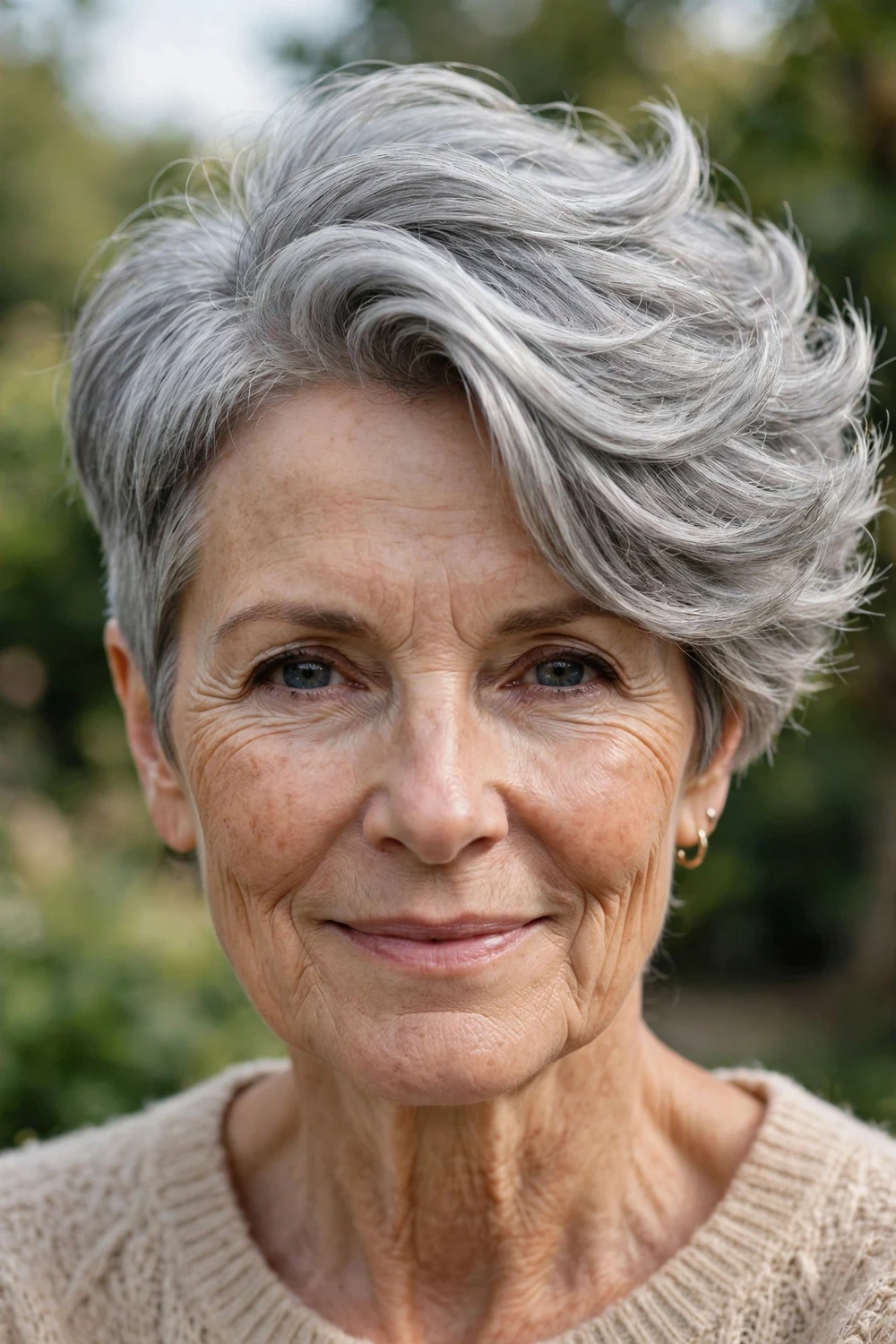 Woman over 50 with a cropped cut with a deep side part