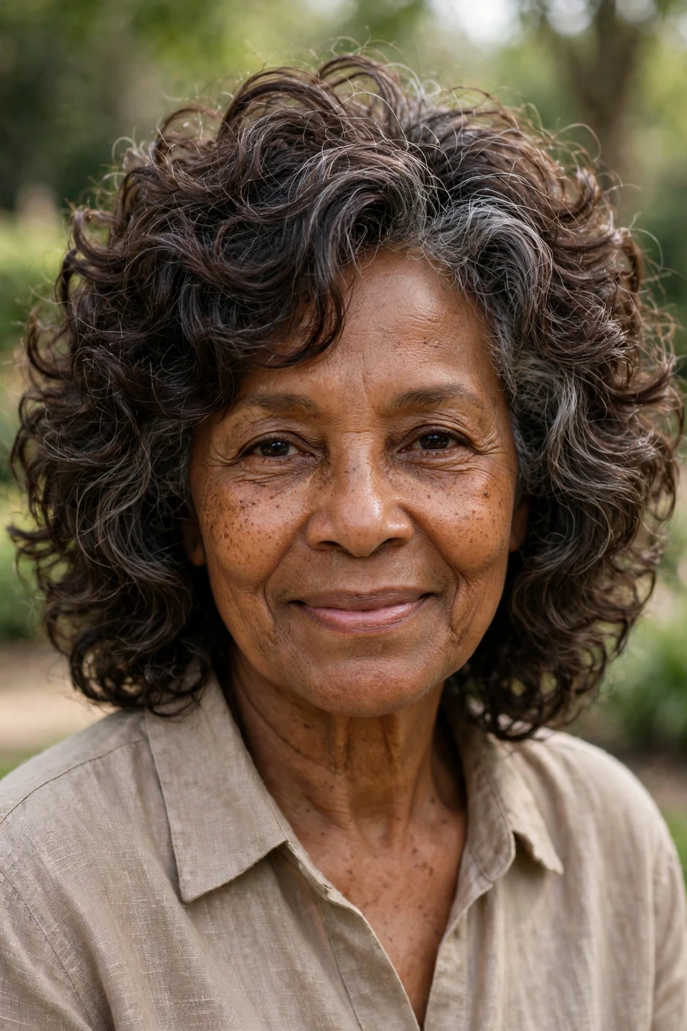 Woman over 50 with a curly shag with defined curls boosting thickness