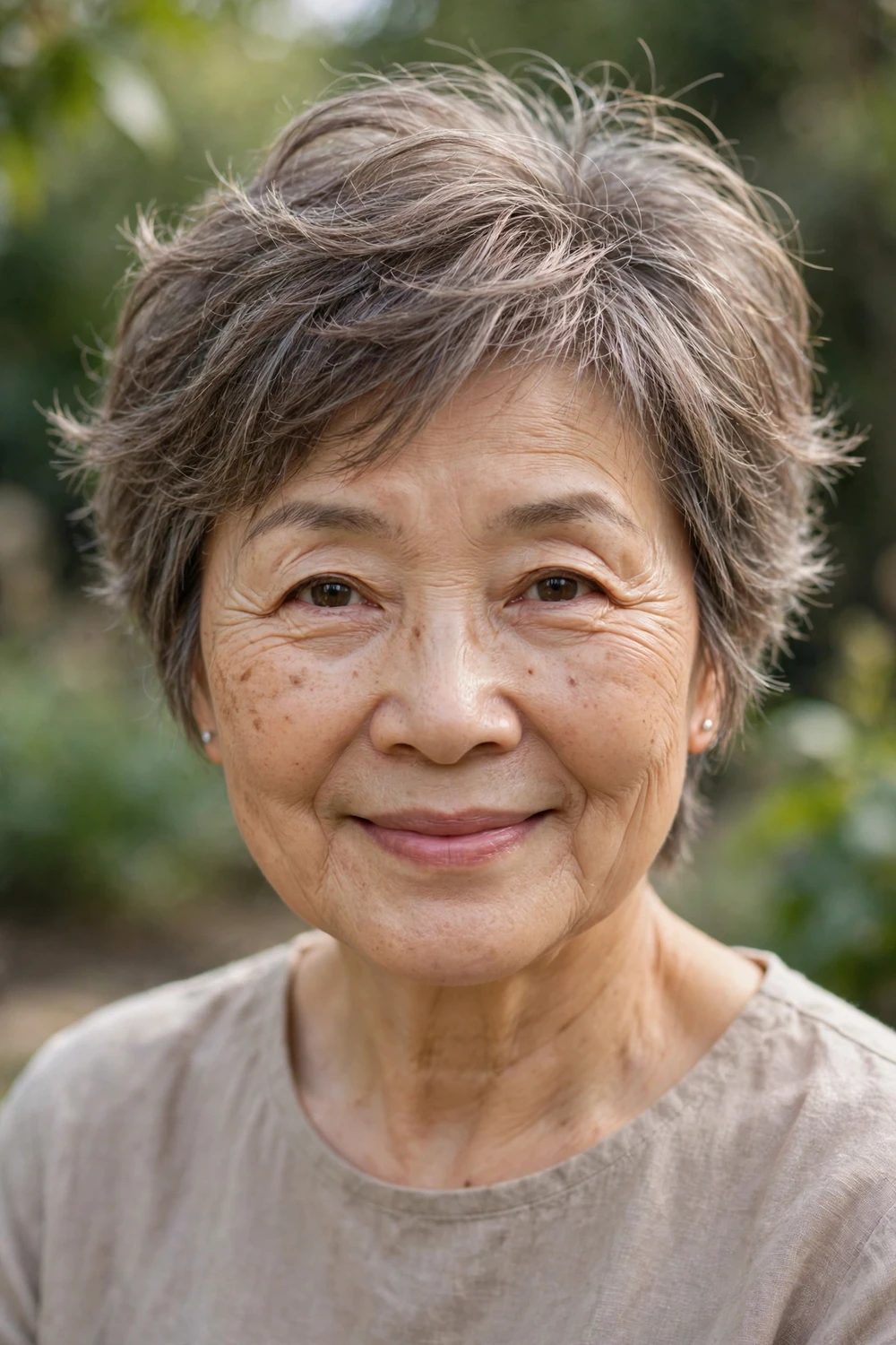 Woman over 50 with a feathered pixie with soft airy texture