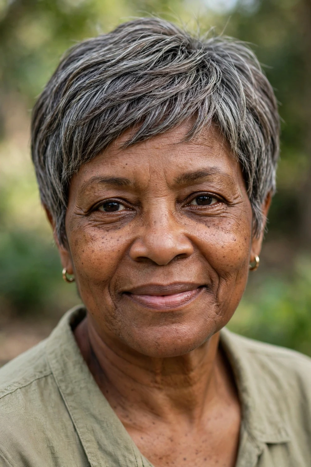 Woman over 50 with a gray pixie with dark lowlights for depth