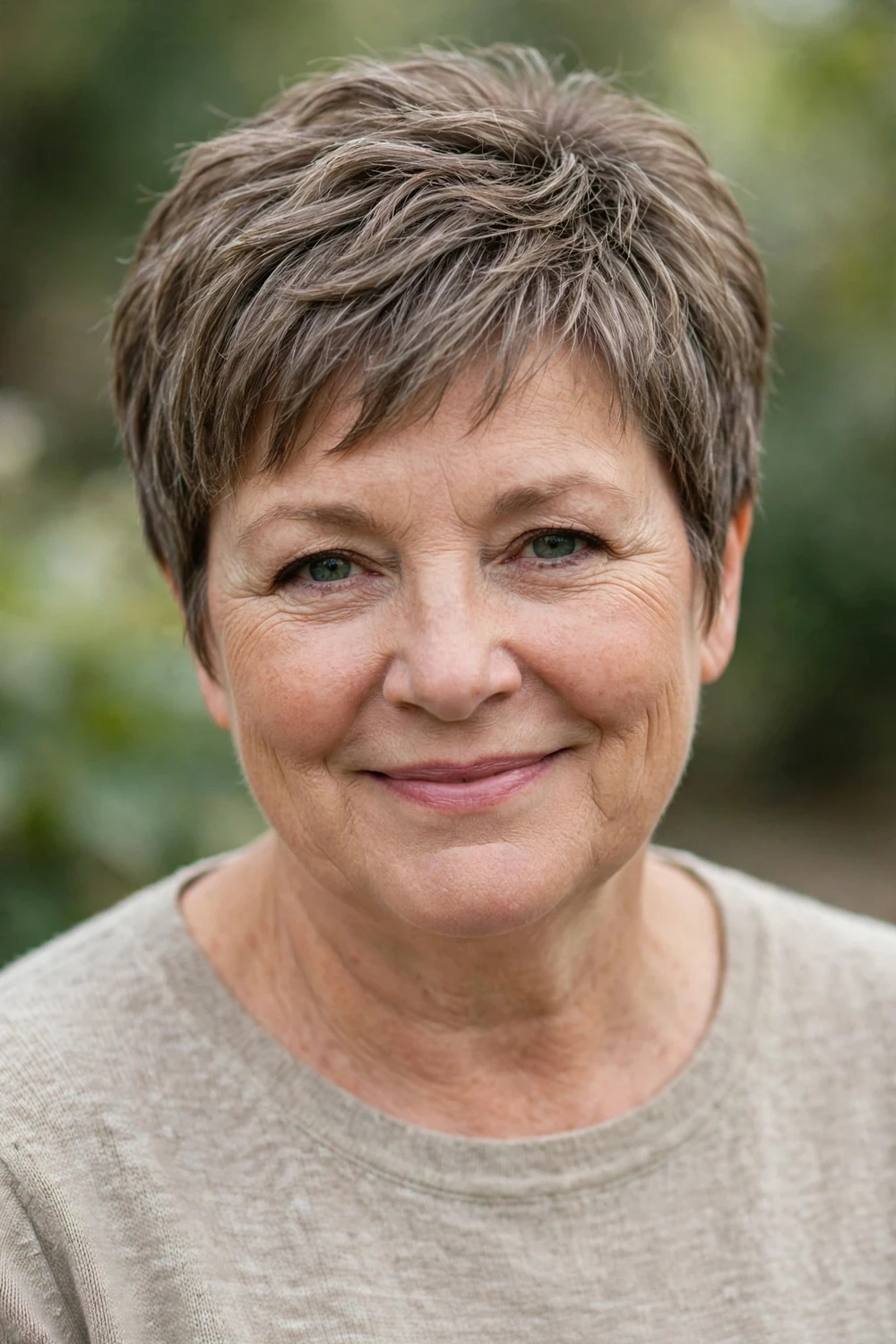 Woman over 50 with a layered pixie cut with textured layers for thin hair