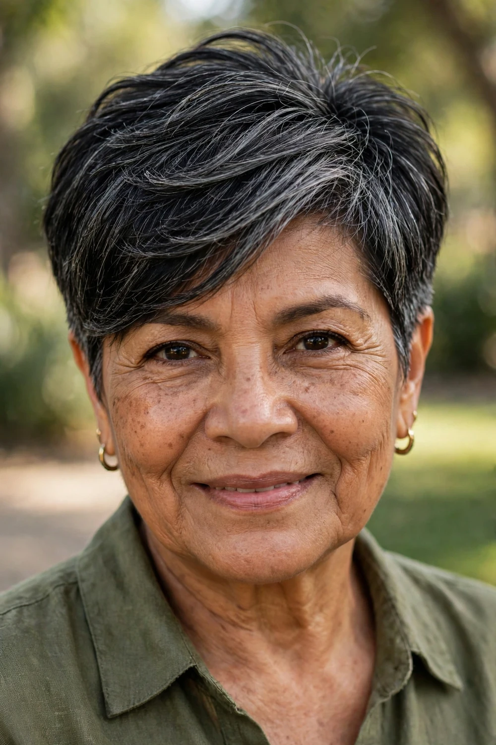 Woman over 50 with a pixie with long top layers for styling options