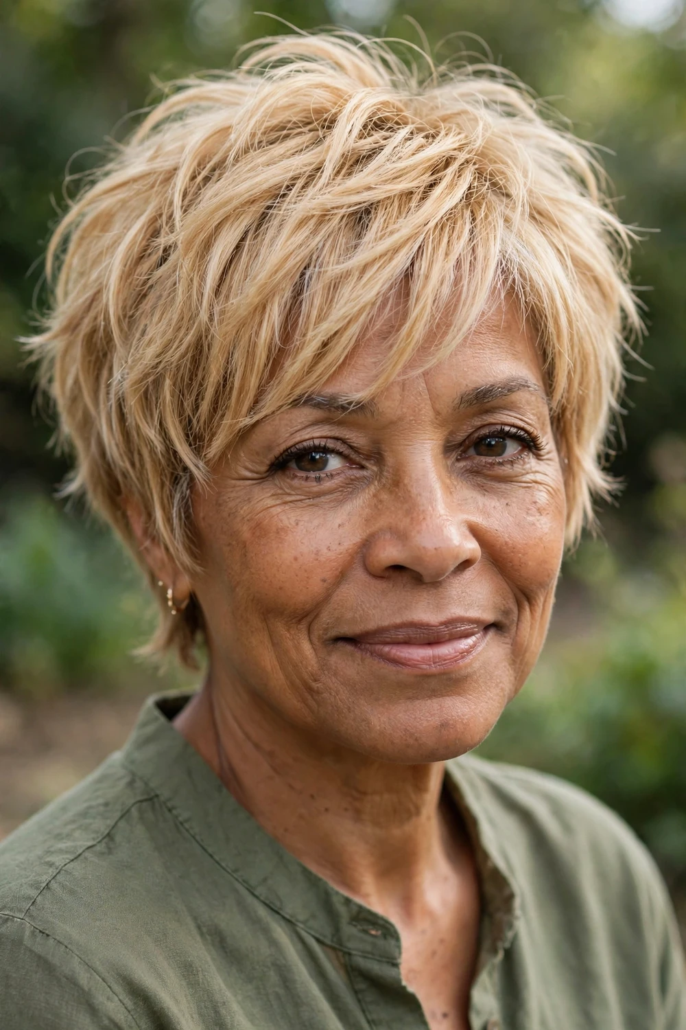 Woman over 50 with a blonde tousled pixie bob with side bangs