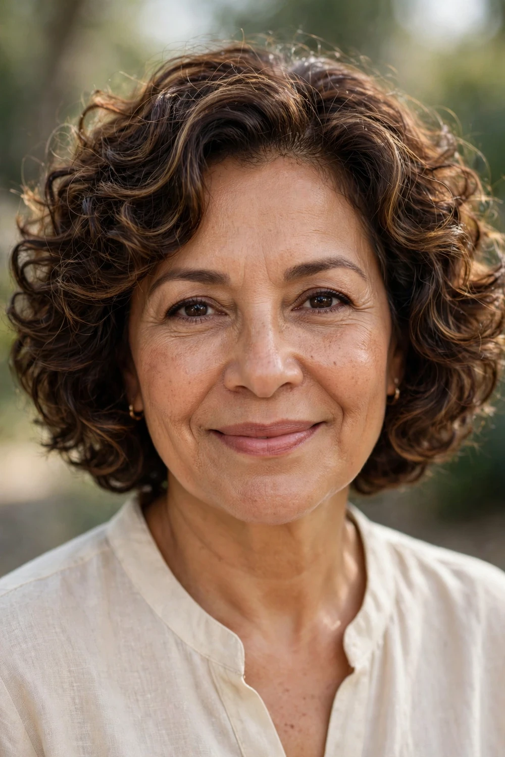 Woman over 50 with a rounded bob for curly thin hair with bounce