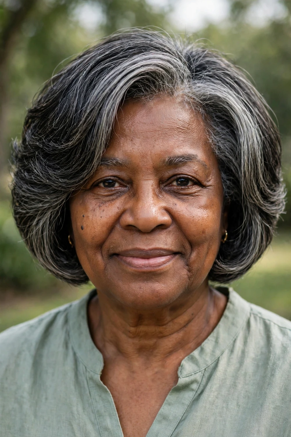 Woman over 50 with a salt-and-pepper inverted bob with chic gray blending