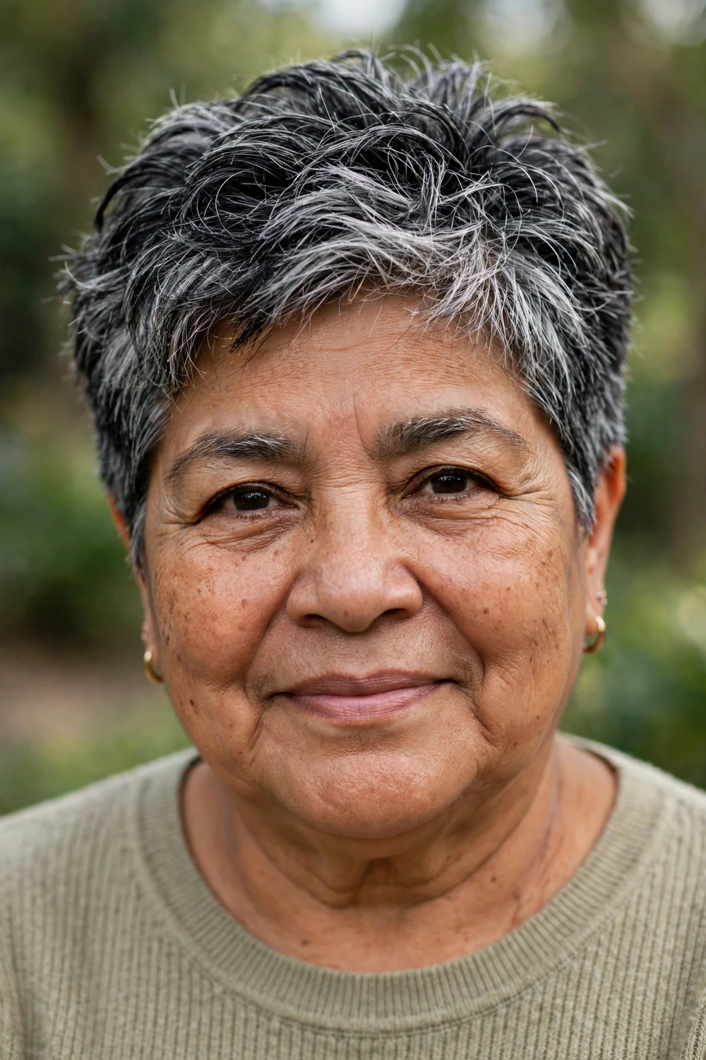 Woman over 50 with a salt-and-pepper textured crop with piecey layers