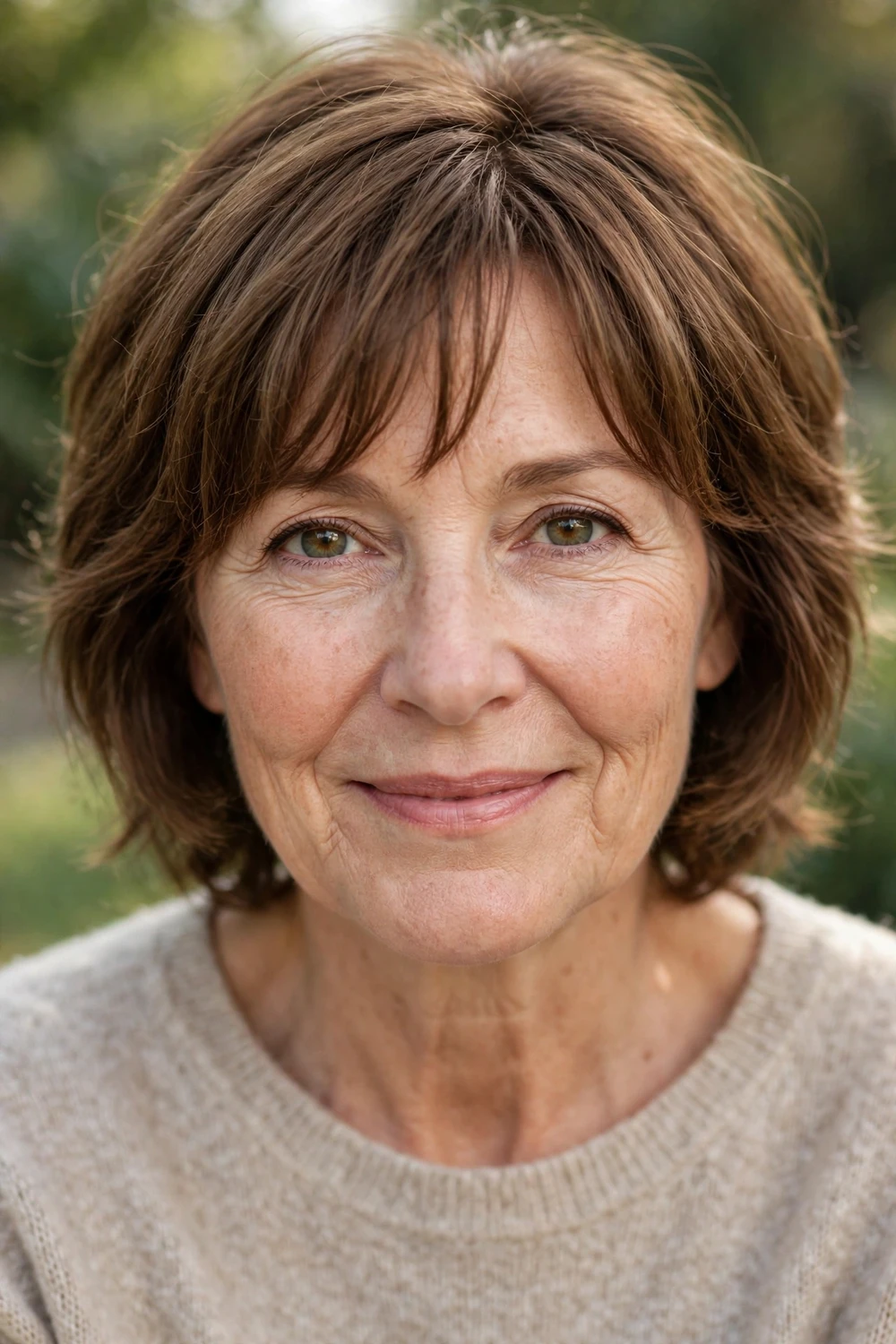 Woman over 50 with a short shag with curtain bangs
