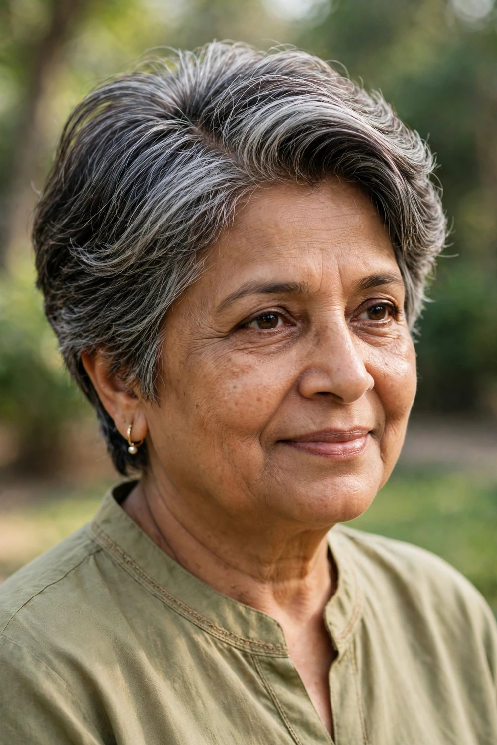 Woman over 50 with a short cut with a deep side part adding volume