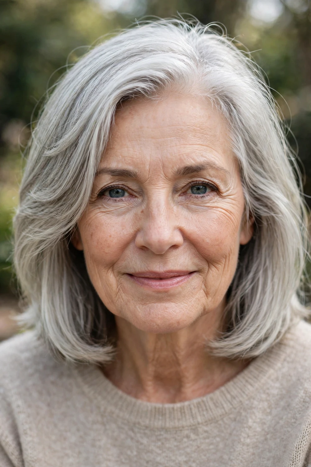 Woman over 50 with a silver lob with feathered side parting
