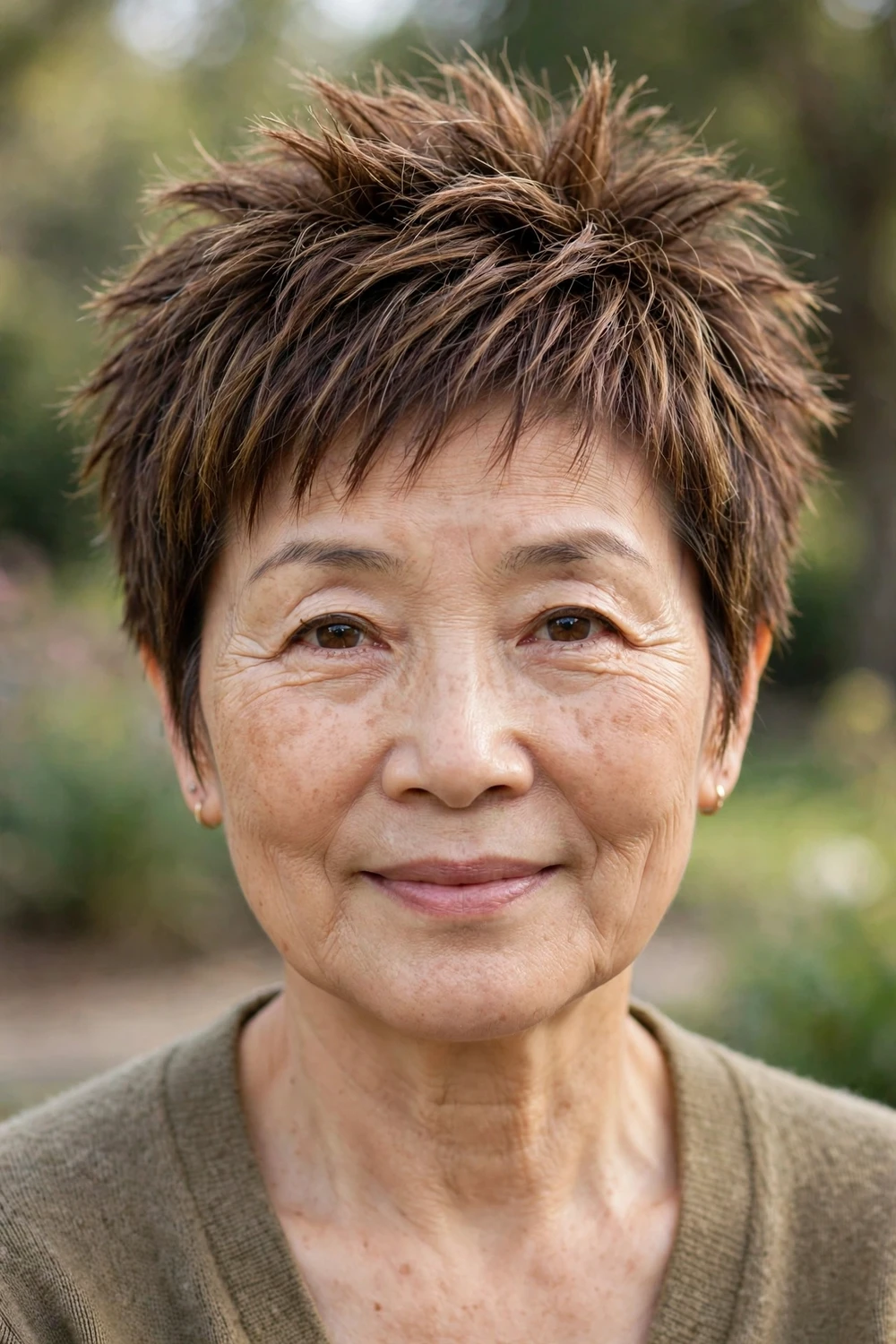 Woman over 50 with a spiky pixie with highlights and lowlights
