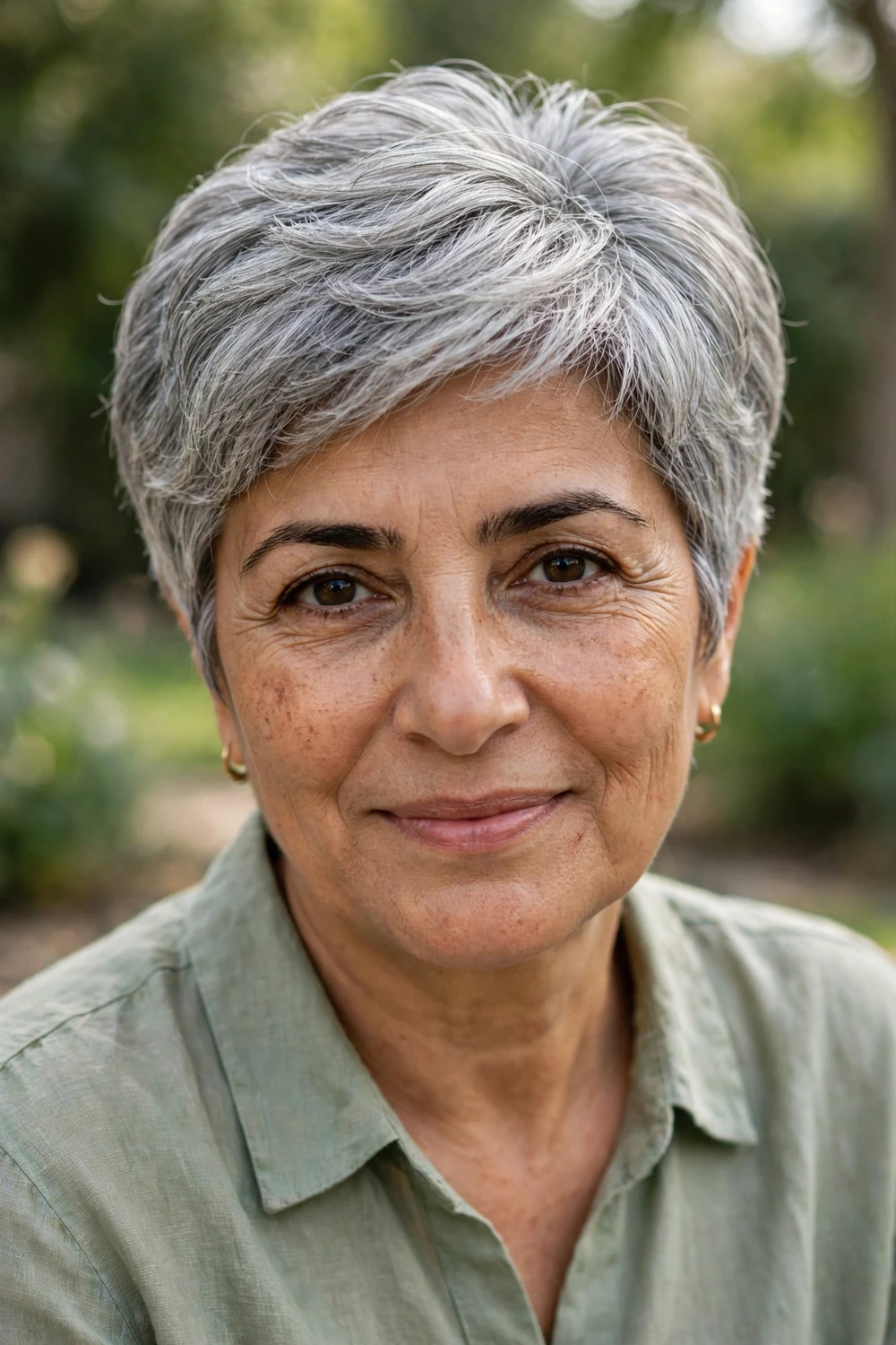 Woman over 50 with a stacked pixie cut with rounded shape and volume