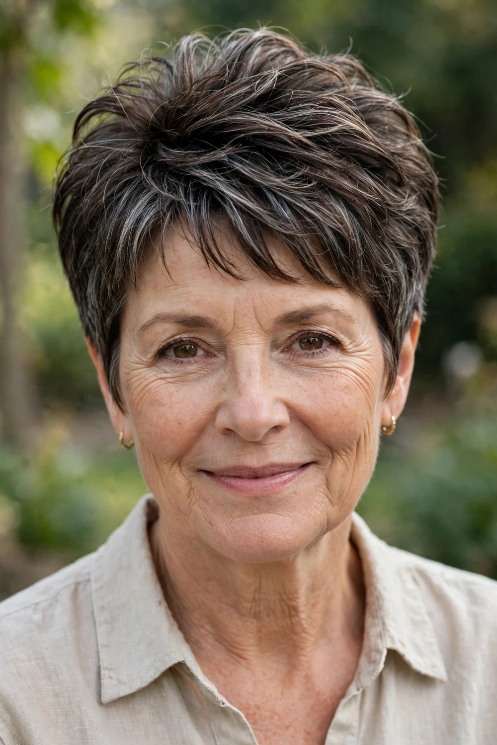 Woman over 50 with a tapered nape pixie with neat back